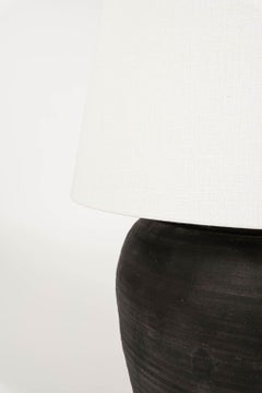 Large Matte Black Pottery Lamp with Linen Drum Shade