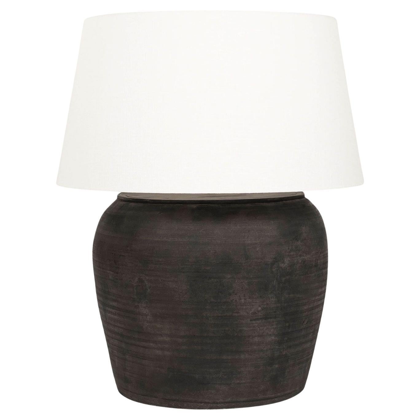 Large Matte Black Pottery Lamp with Linen Drum Shade For Sale