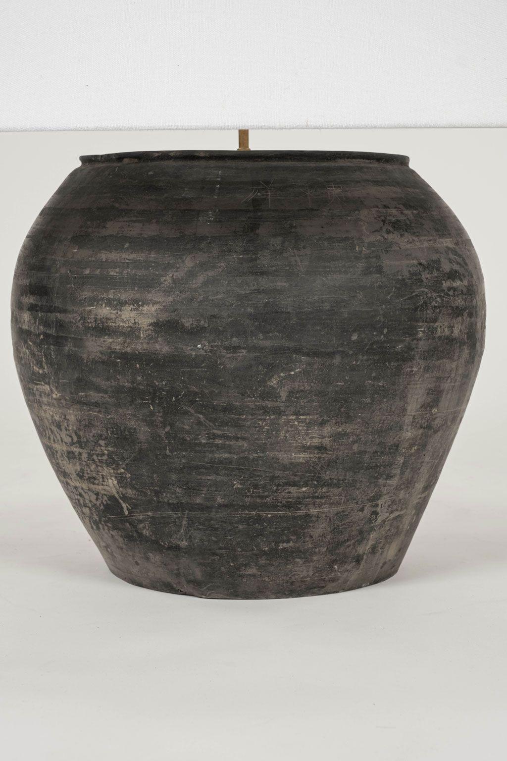 Primitive Large Matte Black Unglazed Lamp with Flared White Linen Coolie Shade
