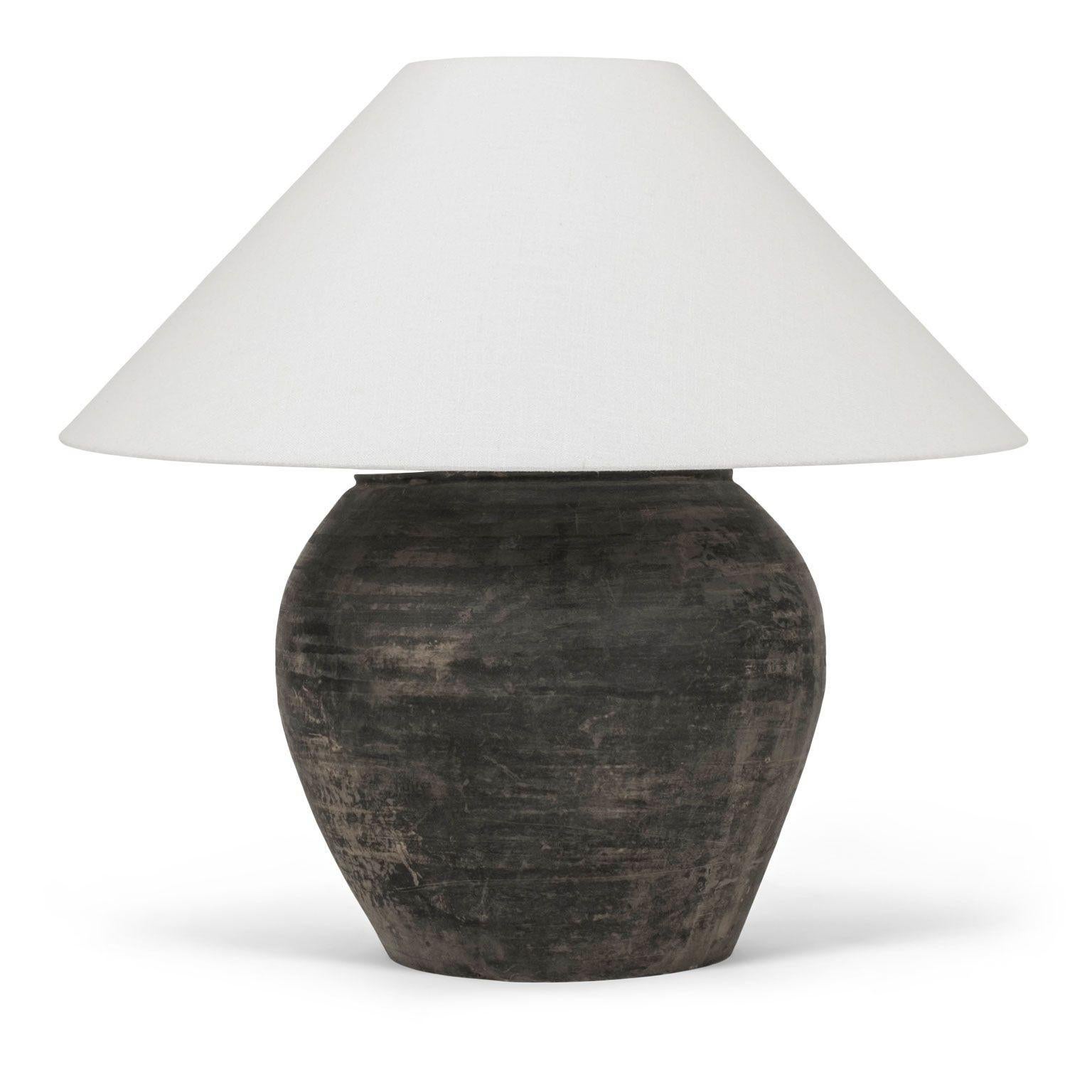 Belgian Large Matte Black Unglazed Lamp with Flared White Linen Coolie Shade For Sale