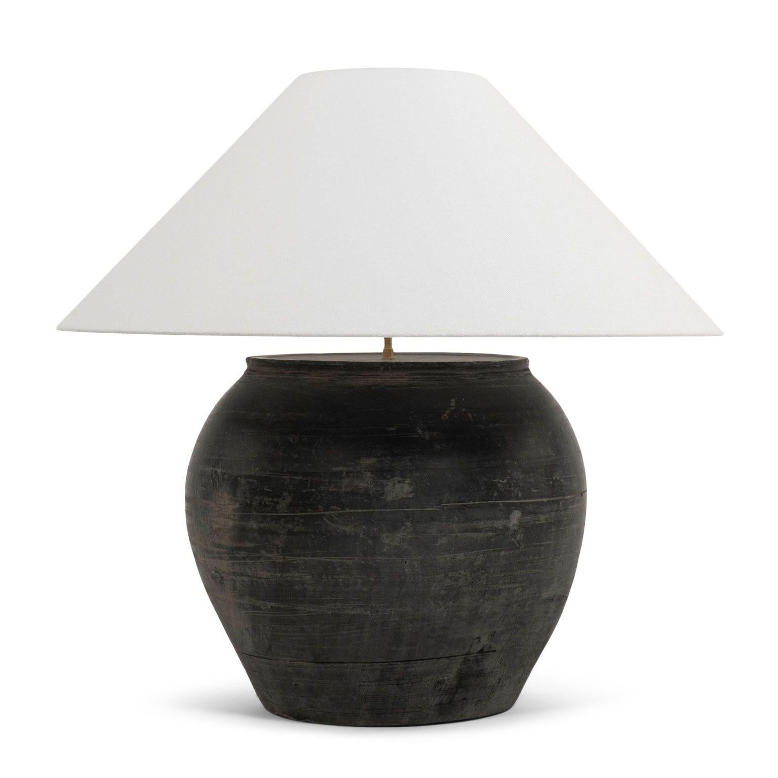 Woven Large Matte Black Unglazed Lamp with Flared White Linen Coolie Shade For Sale