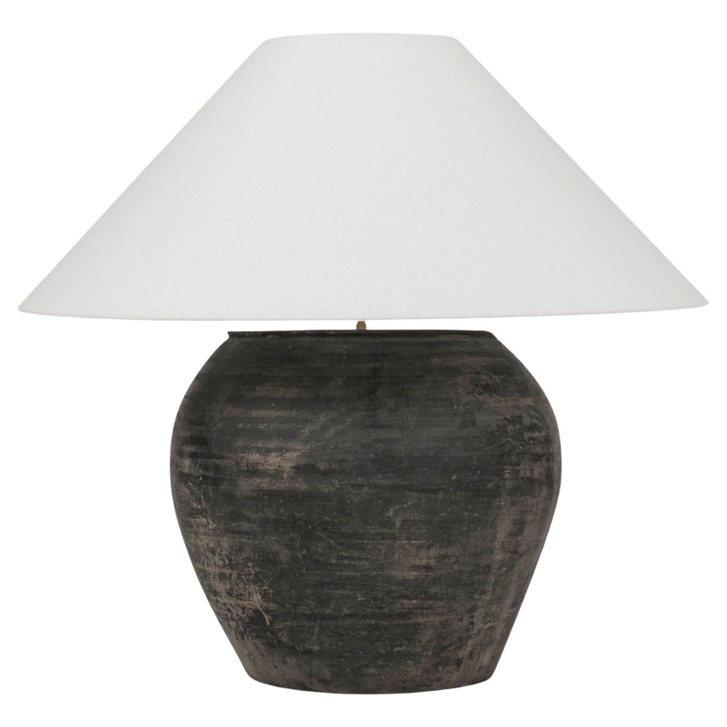 Large Matte Black Unglazed Lamp with Flared White Linen Coolie Shade For Sale