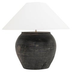 Large Matte Black Unglazed Lamp with Flared White Linen Coolie Shade