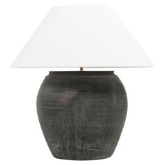 Large Matte Black Unglazed Lamp with Flared White Linen Coolie Shade