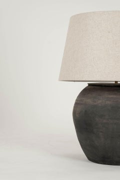 Large Matte Black Unglazed Lamp with Natural Color Linen Drum Shade