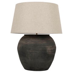 Large Matte Black Unglazed Lamp with Natural Color Linen Drum Shade