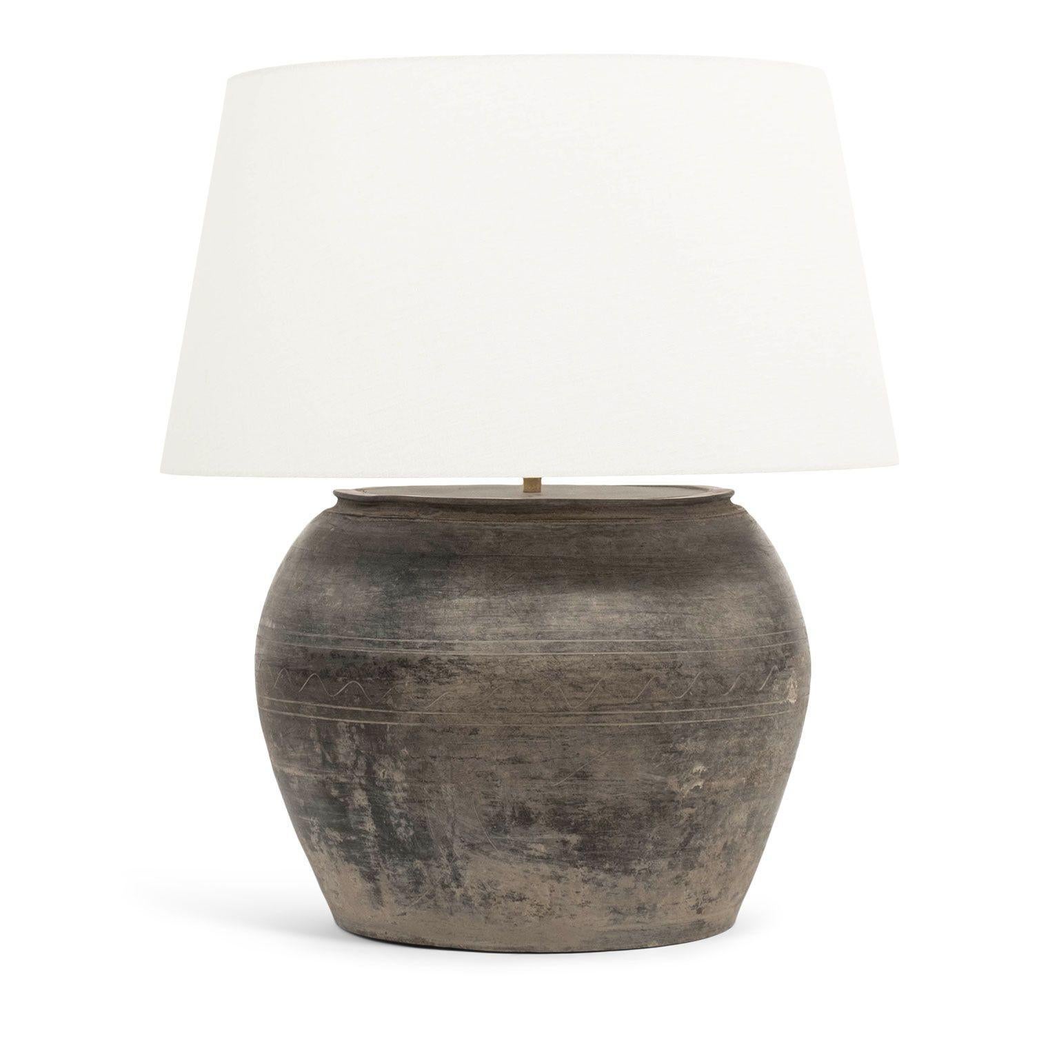 Primitive Large Matte Black Unglazed Lamp with White Linen Shallow Drum Shade