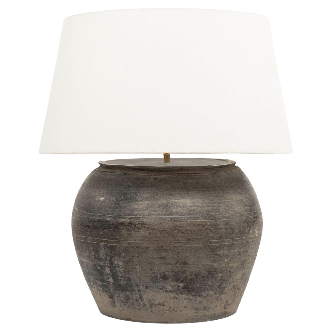 Matte Black Unglazed Lamp with White Linen Shallow Drum Shade For Sale