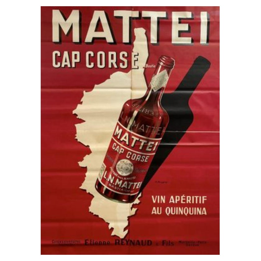 Grande affiche publicitaire de Mattei Cap Corse par Rene His, années 1950 en vente