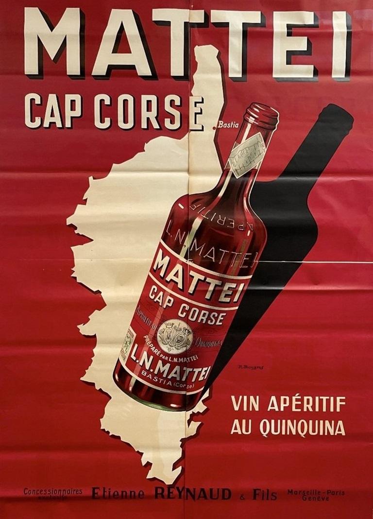 Large Mattei Cap Corse Advertising Poster by Rene Bougros, 1950s For Sale
