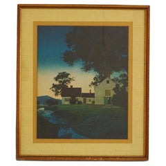 Antique Large Maxfield Parrish Landscape Print “Homestead By River”, Framed, C1930