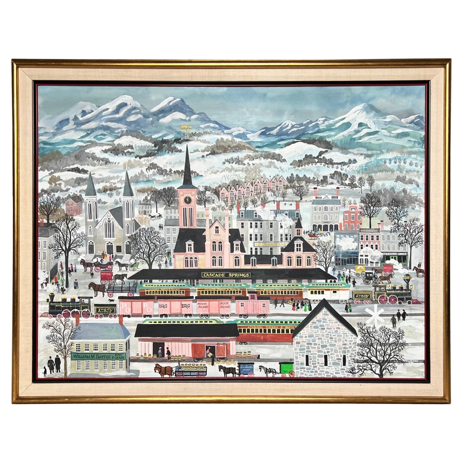 Large Maxwell Mays Folk Art Oil on Canvas, Cascade Springs Colorado, 1983 For Sale