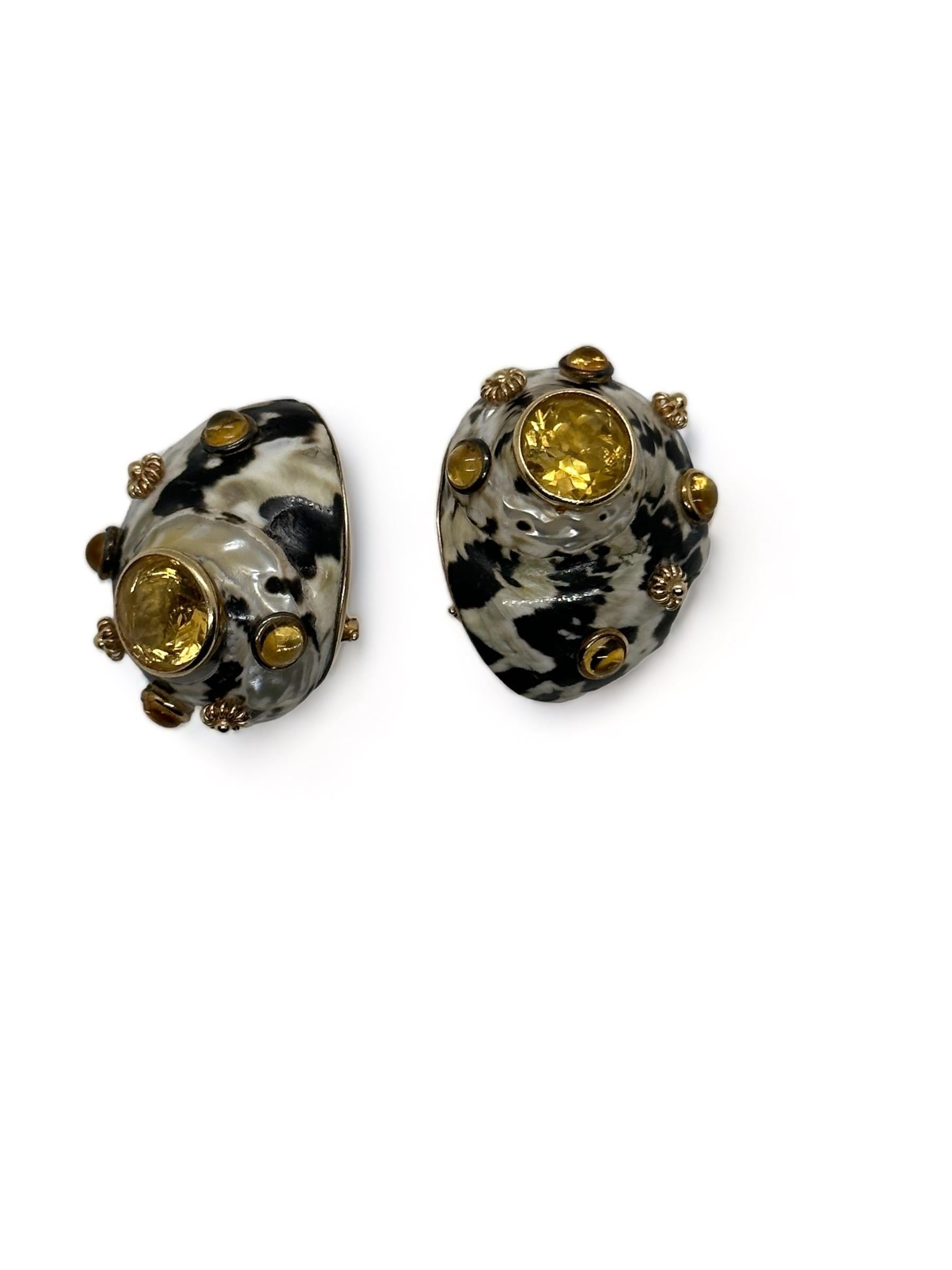 Modern Large MAZ 14kt Yellow Gold and Citrine Shell Earrings For Sale