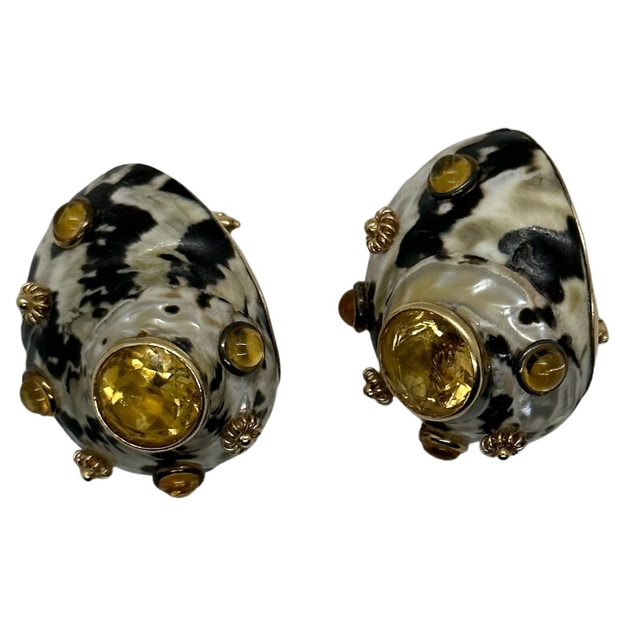 Large MAZ 14kt Yellow Gold and Citrine Shell Earrings For Sale