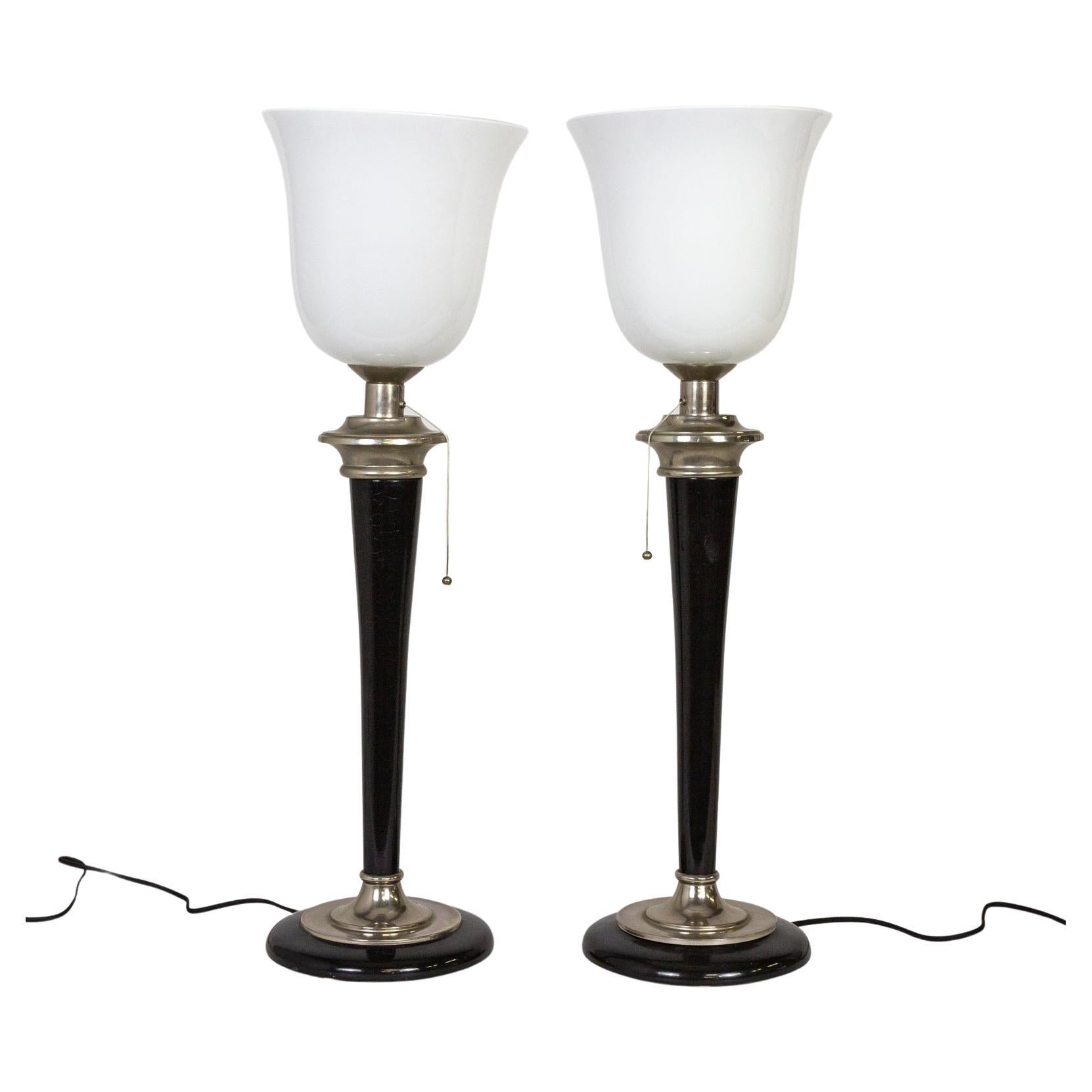 Large Mazda Black & Silver Deco Lamps w/ Opaline Glass Shades, Pair