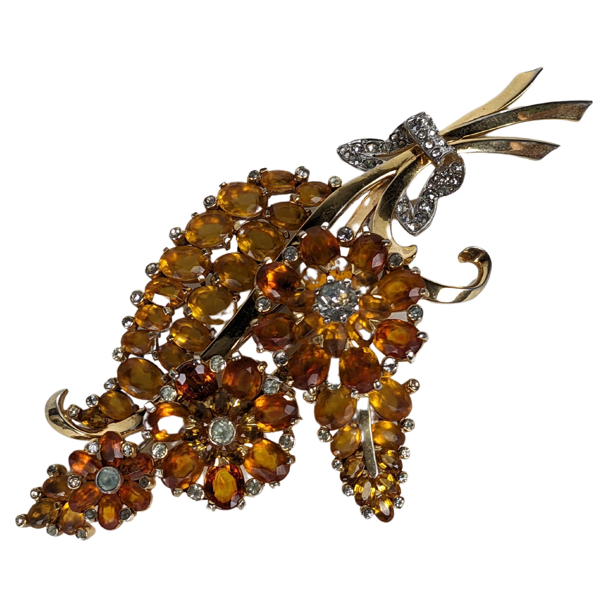 Large Mazer Topaz and Citrine Floral Spray Retro Brooch In Excellent Condition For Sale In New York, NY