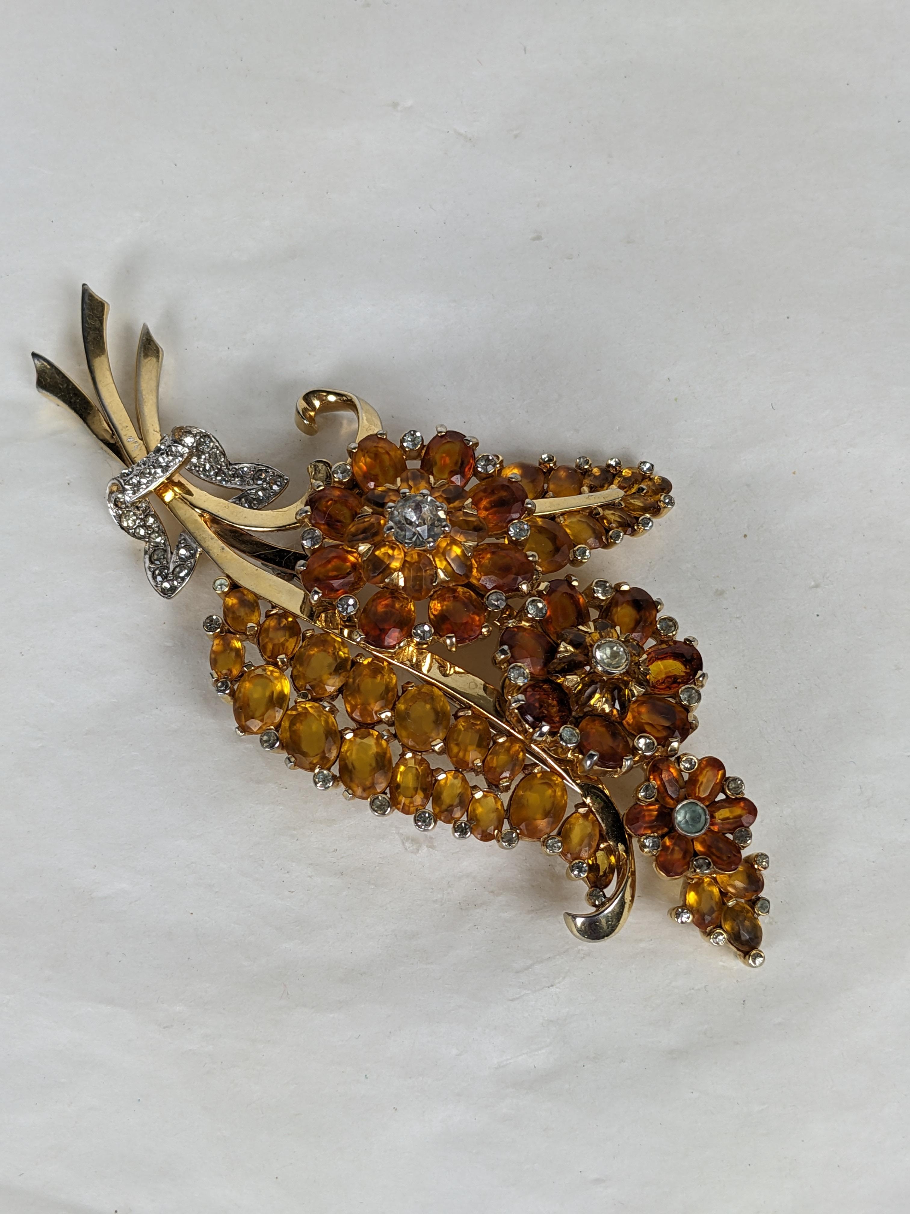 Women's or Men's Large Mazer Topaz and Citrine Floral Spray Retro Brooch For Sale