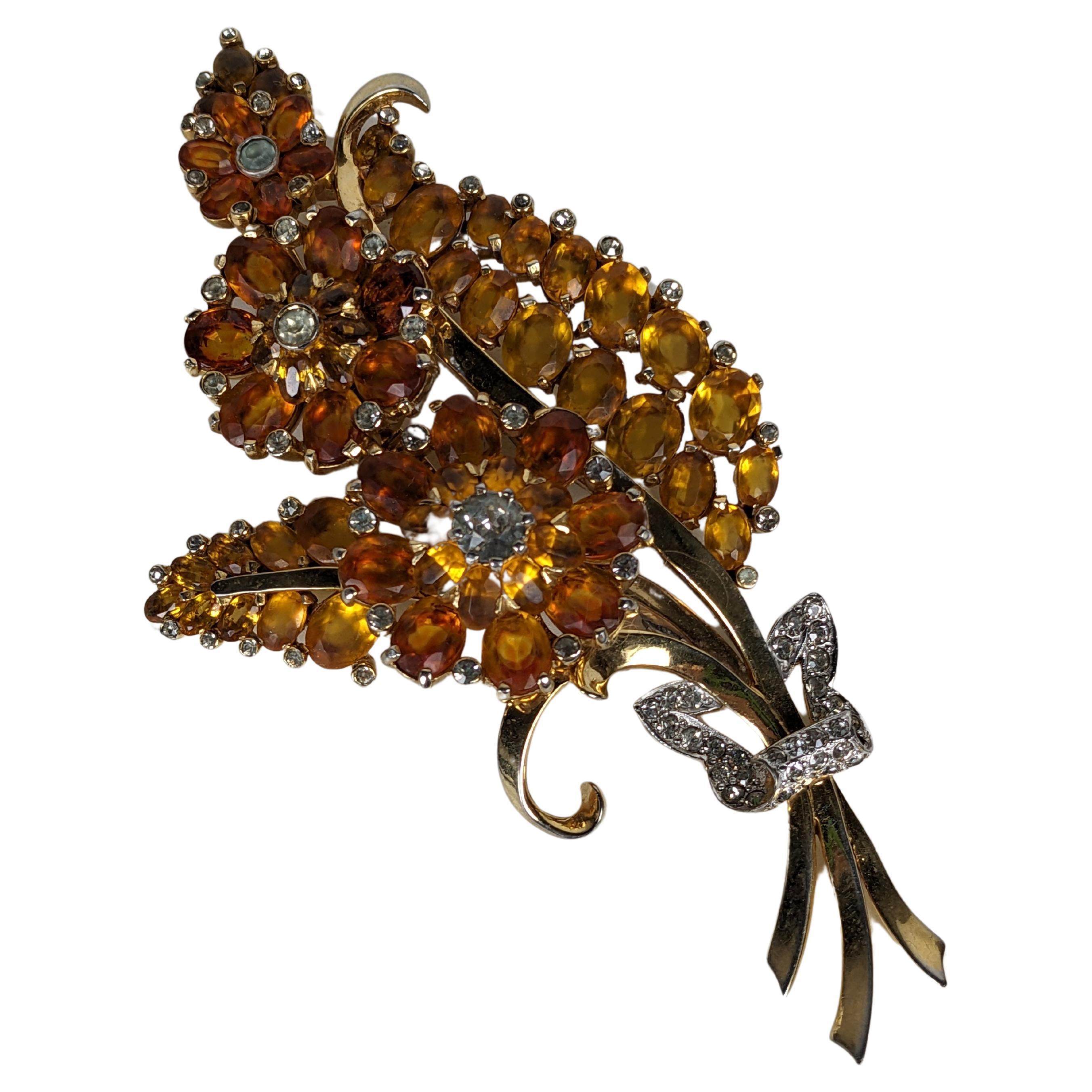 Large Mazer Topaz and Citrine Floral Spray Retro Brooch For Sale