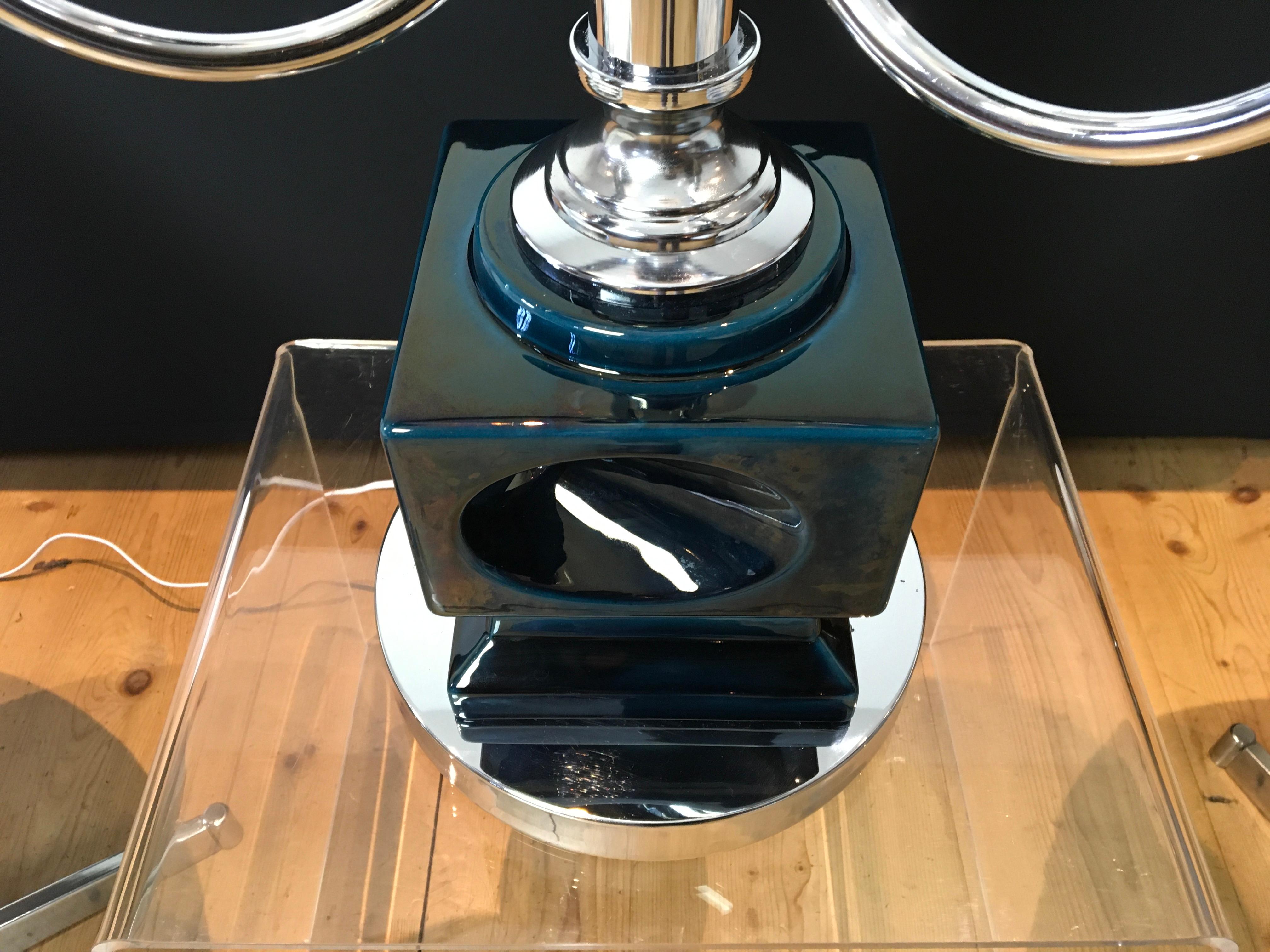 Große Mazzega-Tischlampe, blaue Keramik mit Muranoglaskugeln im Angebot 8