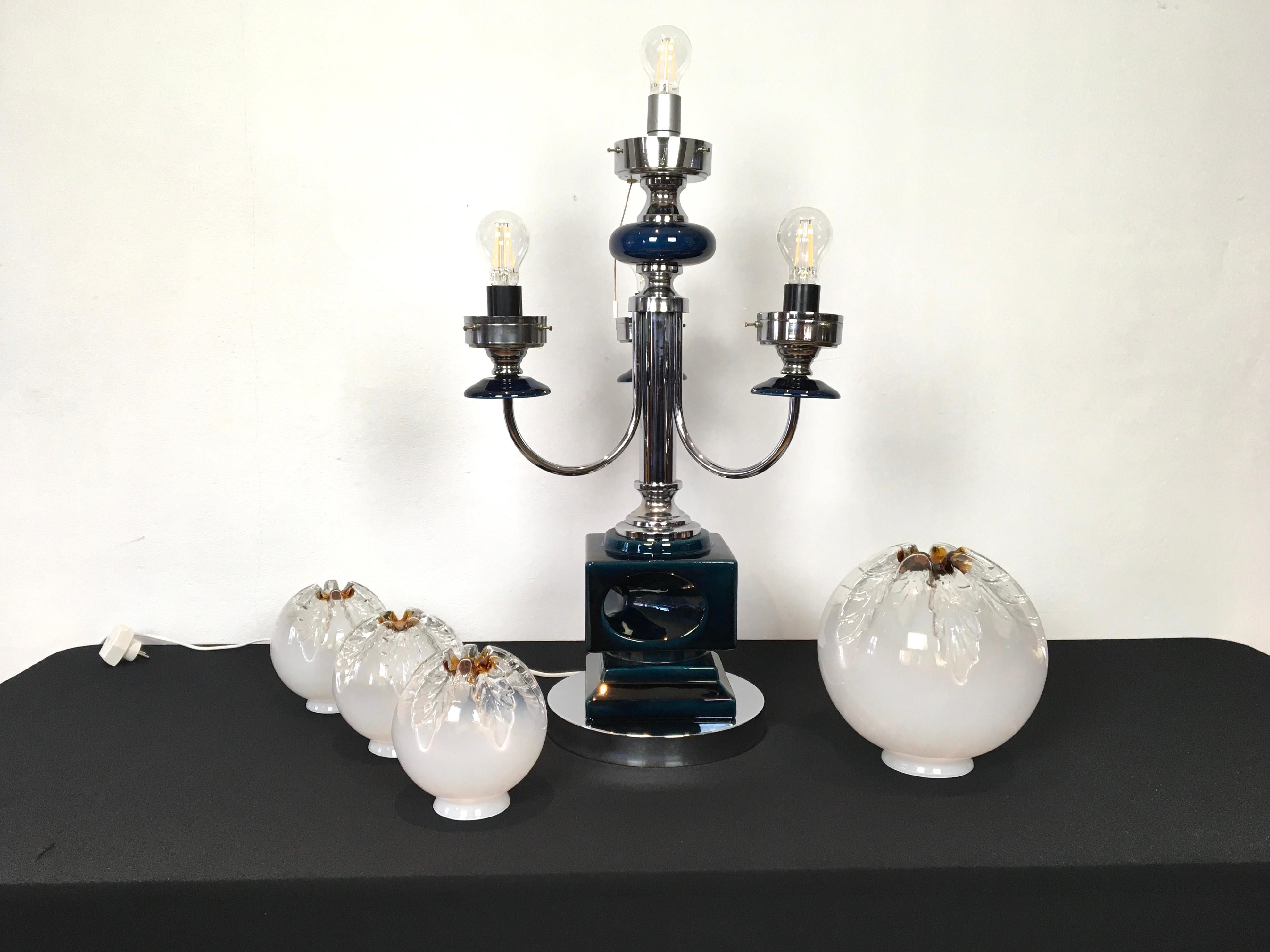 Large Mazzega Table Lamp, Blue Ceramic with Murano Glass Globes For Sale 12