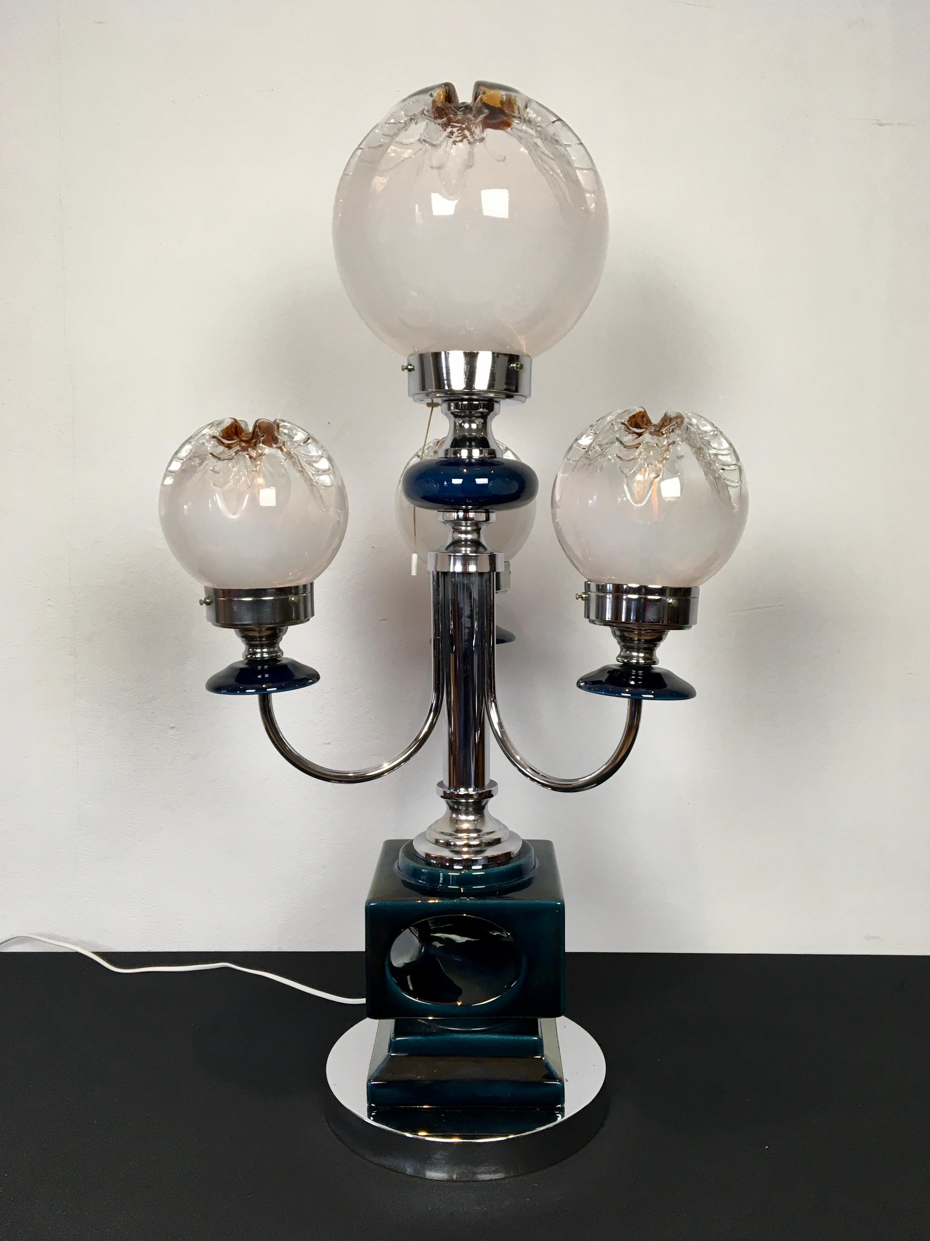 Large Mazzega Table Lamp, Blue Ceramic with Murano Glass Globes For Sale 14