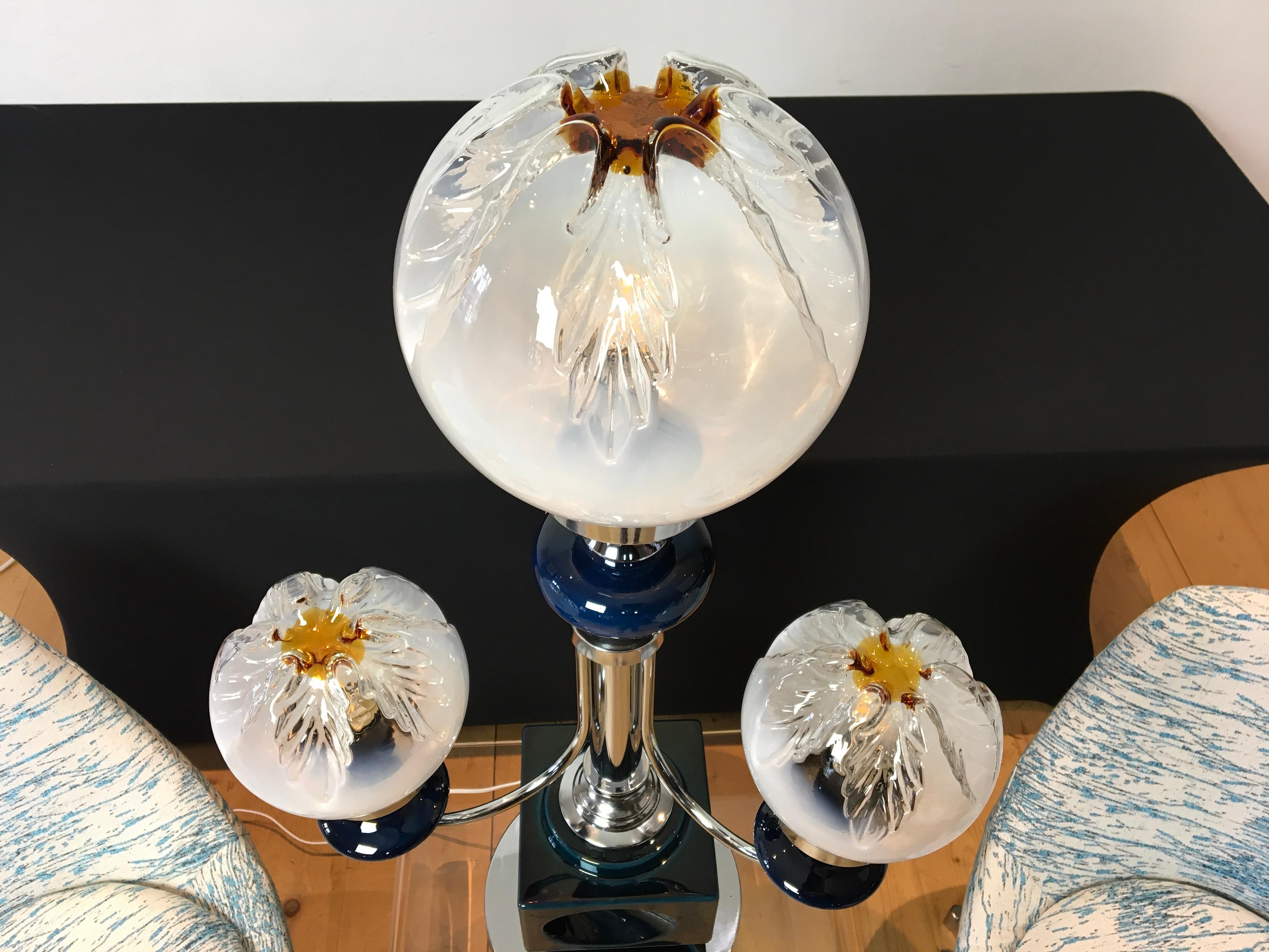 20th Century Large Mazzega Table Lamp, Blue Ceramic with Murano Glass Globes For Sale