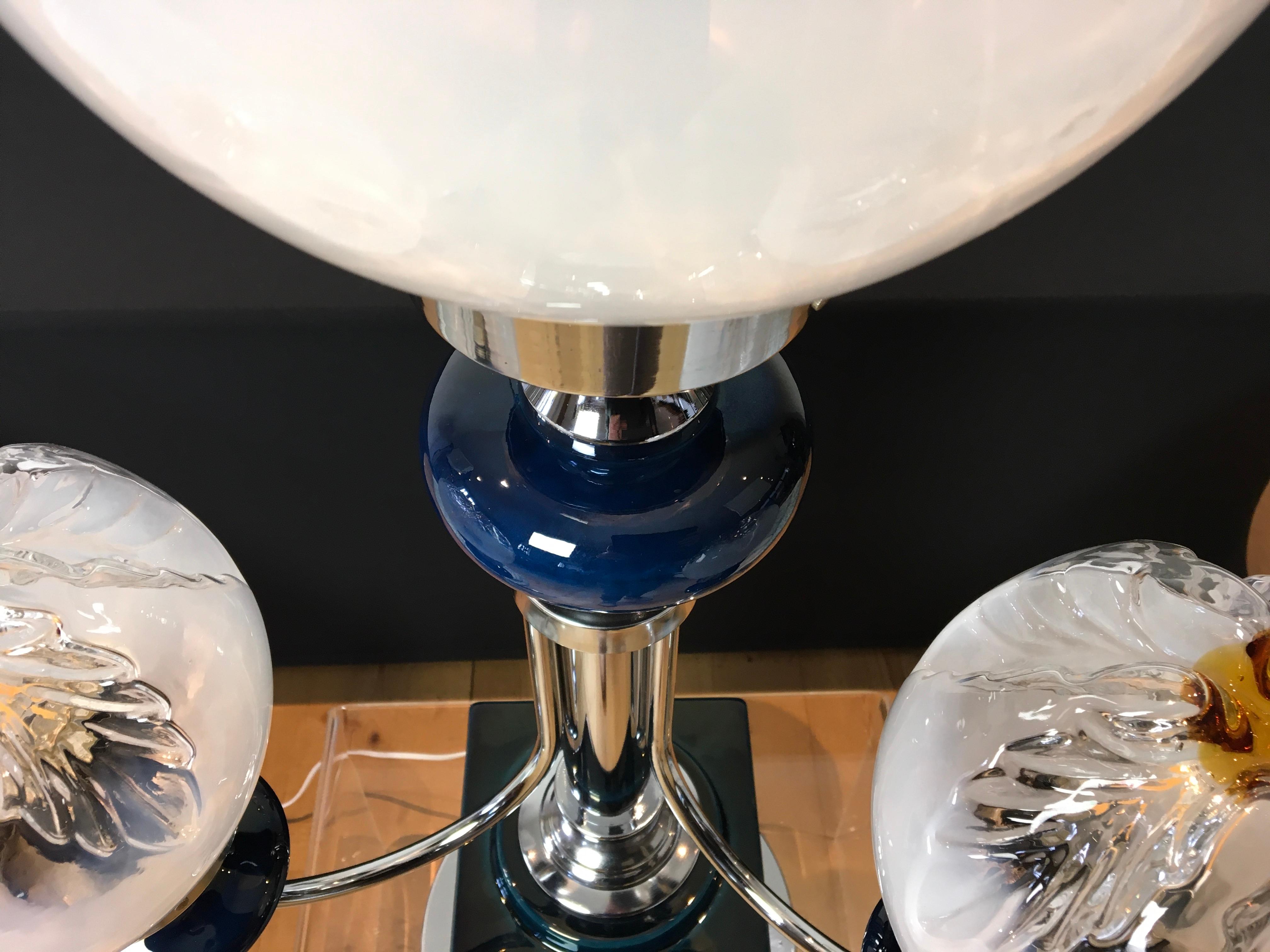 Large Mazzega Table Lamp, Blue Ceramic with Murano Glass Globes For Sale 2