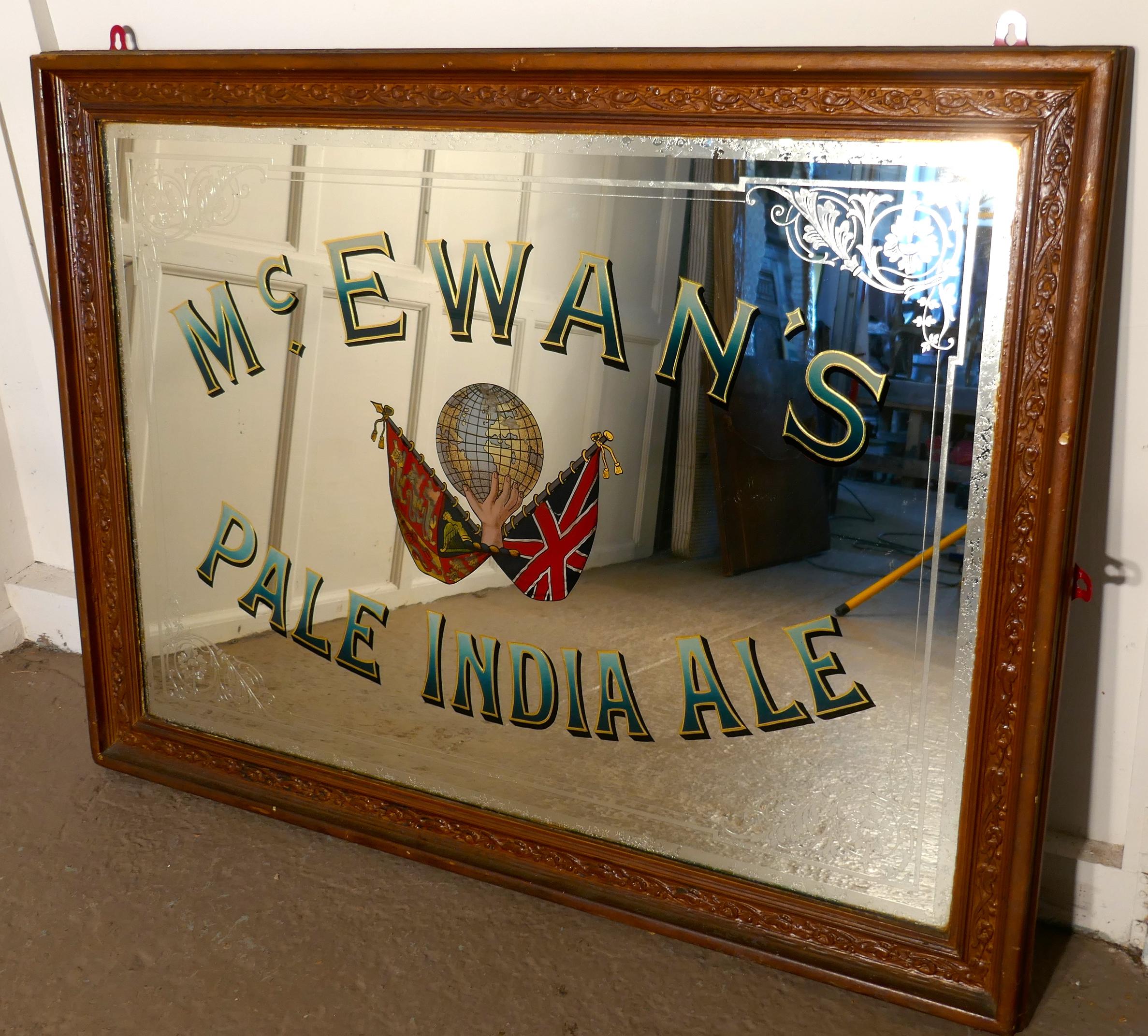 A large Mc Ewan’s Pale India Ale advertising mirror, pub mirror for Mc Ewans’s

This is wonderful pictorial advertising mirror, advertising Mc Ewan’s Pale India Ale
The mirror has a colorful picture the Iconic Logo at its centre of the Royal