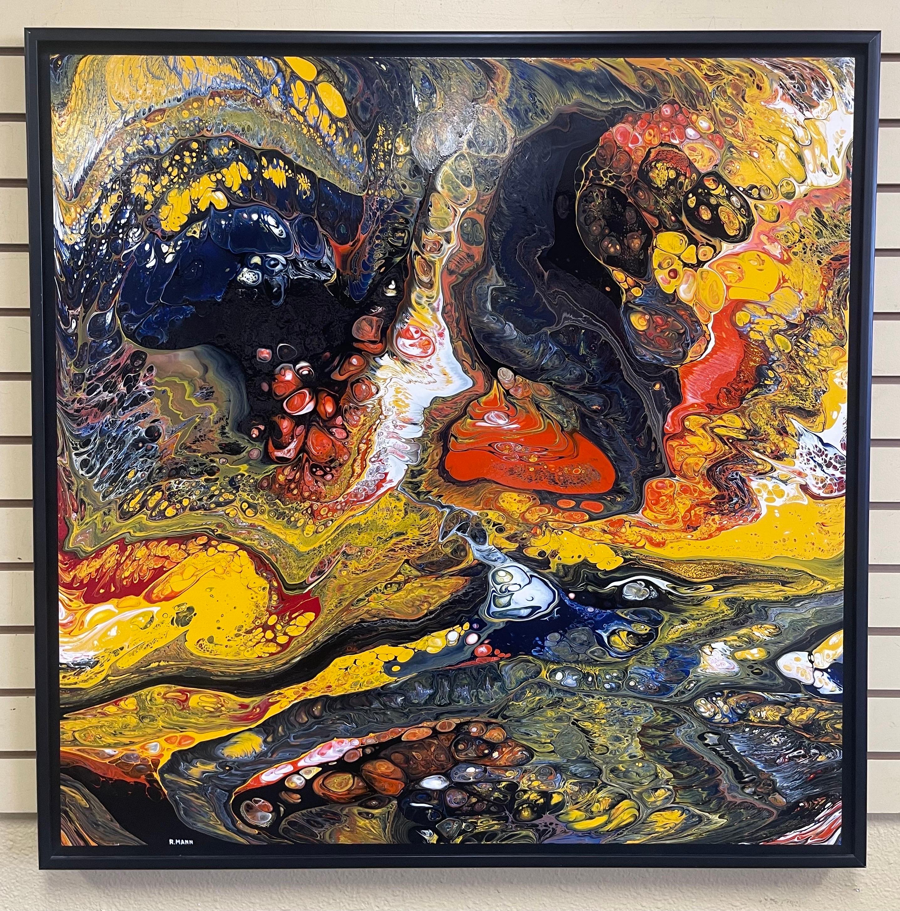 Grande peinture acrylique abstraite sur panneau du CIRCA, réalisée par l'artiste Richard Mann, vers les années 1960. L'œuvre est en très bon état et est présentée dans son cadre d'origine en bois noir ; l'œuvre mesure 38,75