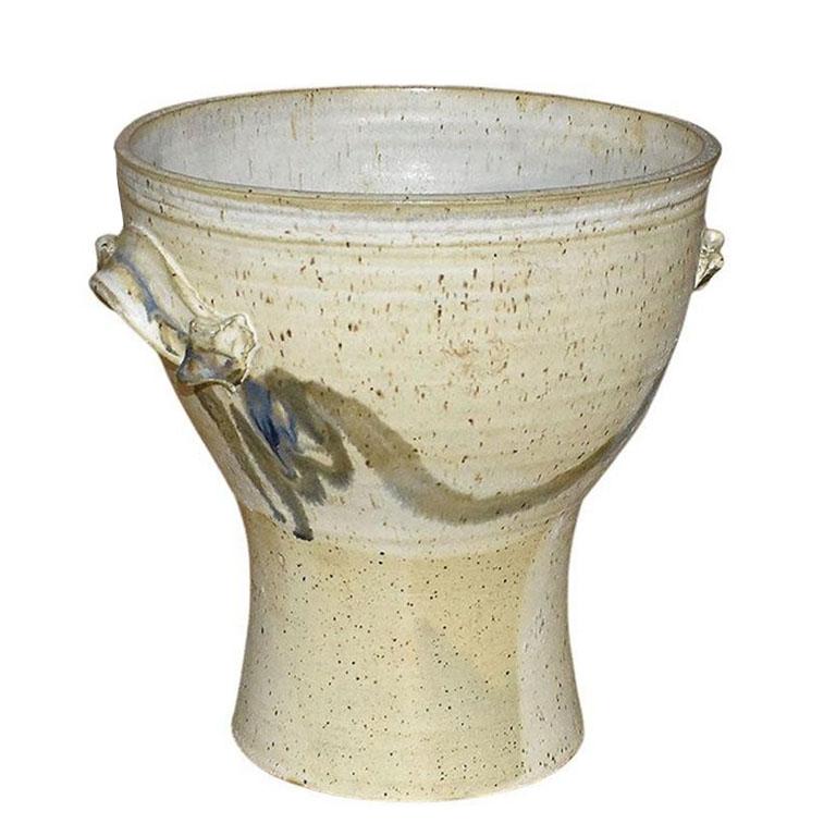Mid-Century Modern Large MCM Blue and Cream Ceramic Studio Pottery French Jardiniere Planter For Sale