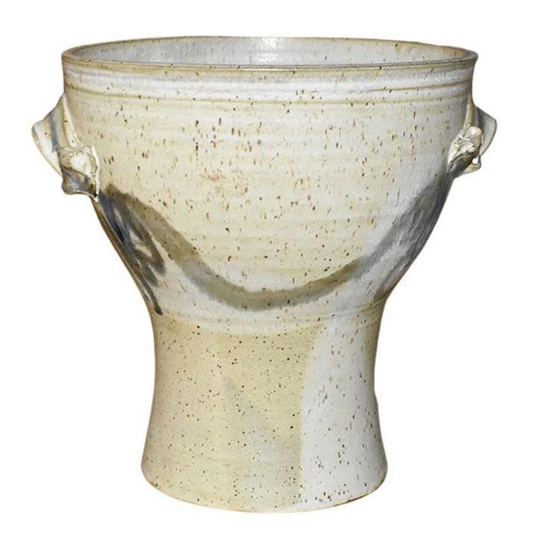 20th Century Large MCM Blue and Cream Ceramic Studio Pottery French Jardiniere Planter For Sale