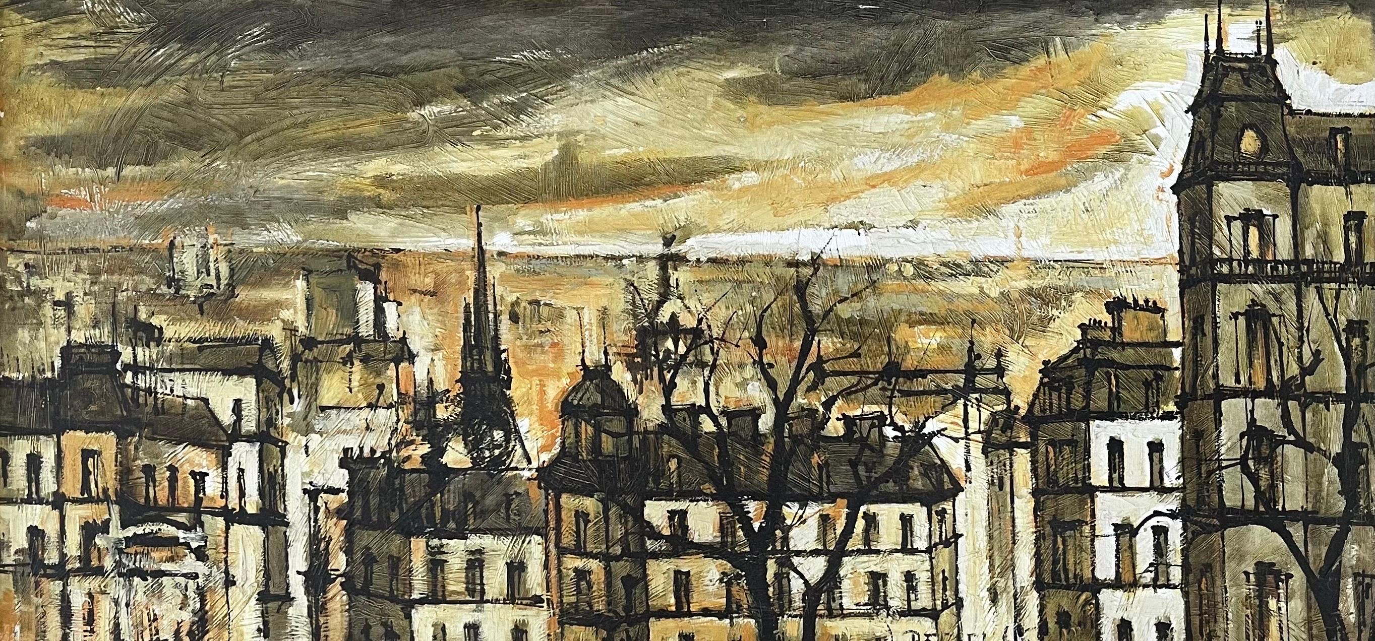 Grande peinture originale à l'huile sur toile d'un paysage urbain parisien, réalisée par l'artiste Jacques Pergel, vers les années 1960.  La peinture est très lumineuse, avec de gros coups de pinceau, et mesure un impressionnant 43