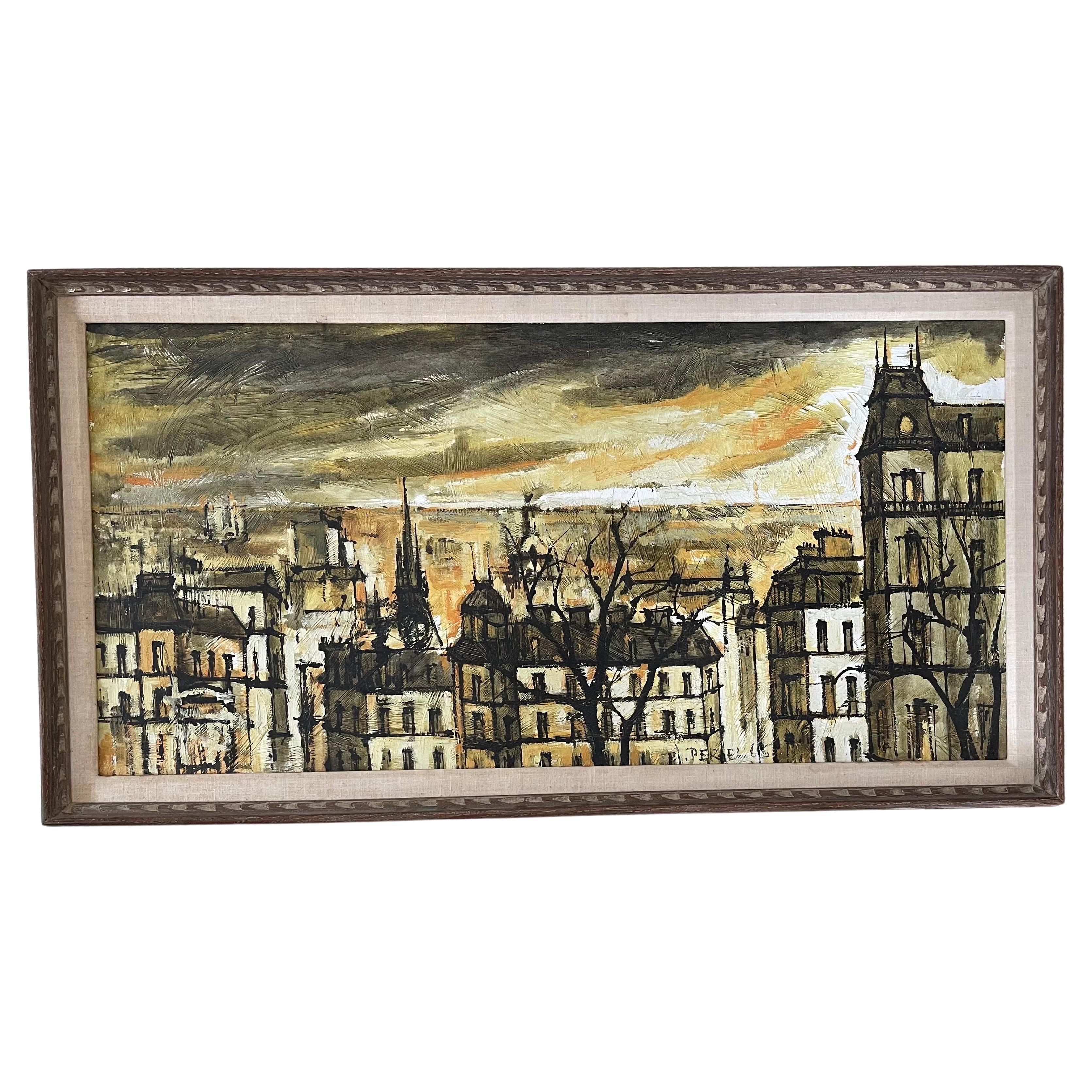 Mid-Century Modern Grande huile sur toile de style MCM - Paysage urbain parisien - Peinture d'origine de Jacques Pergel en vente