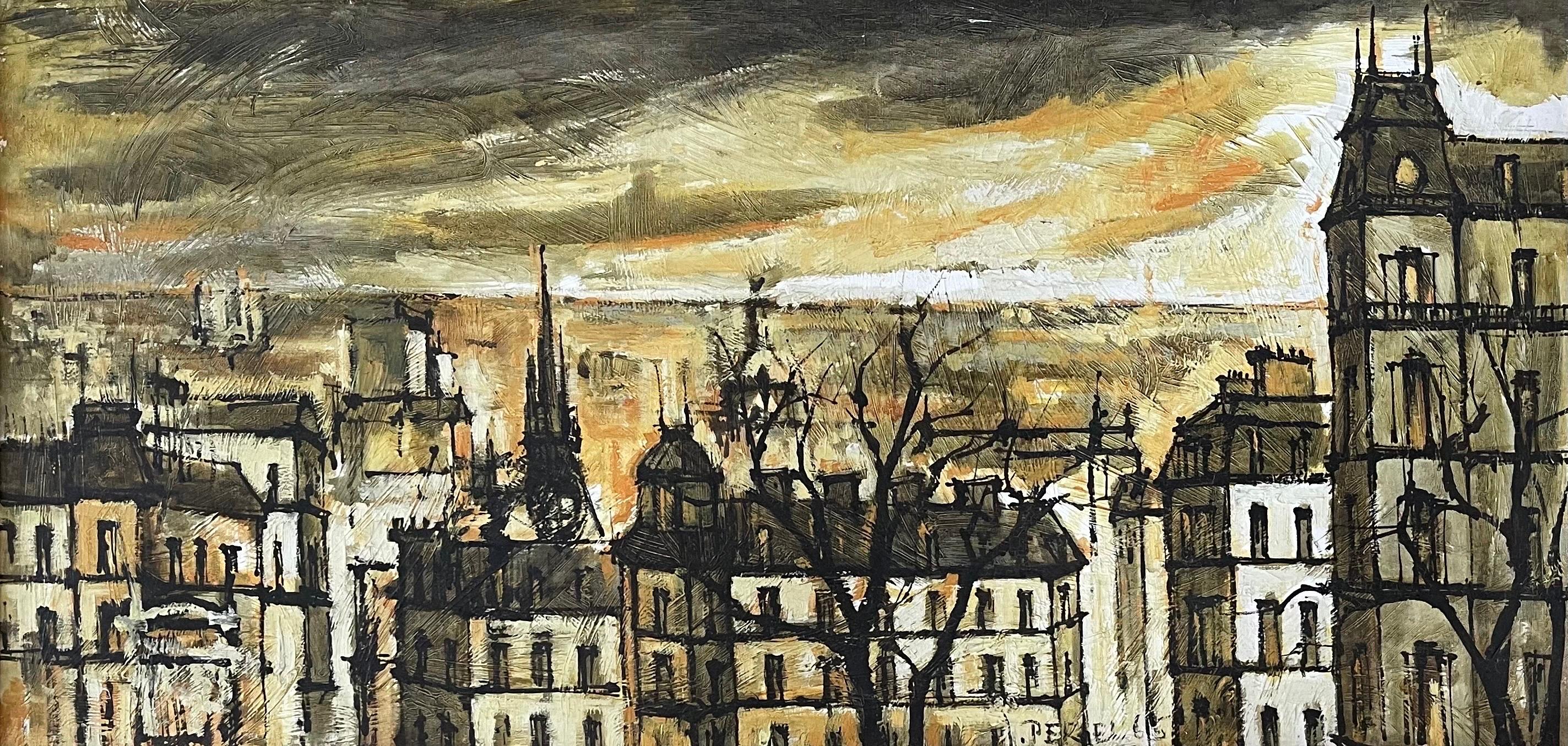 Français Grande huile sur toile de style MCM - Paysage urbain parisien - Peinture d'origine de Jacques Pergel en vente