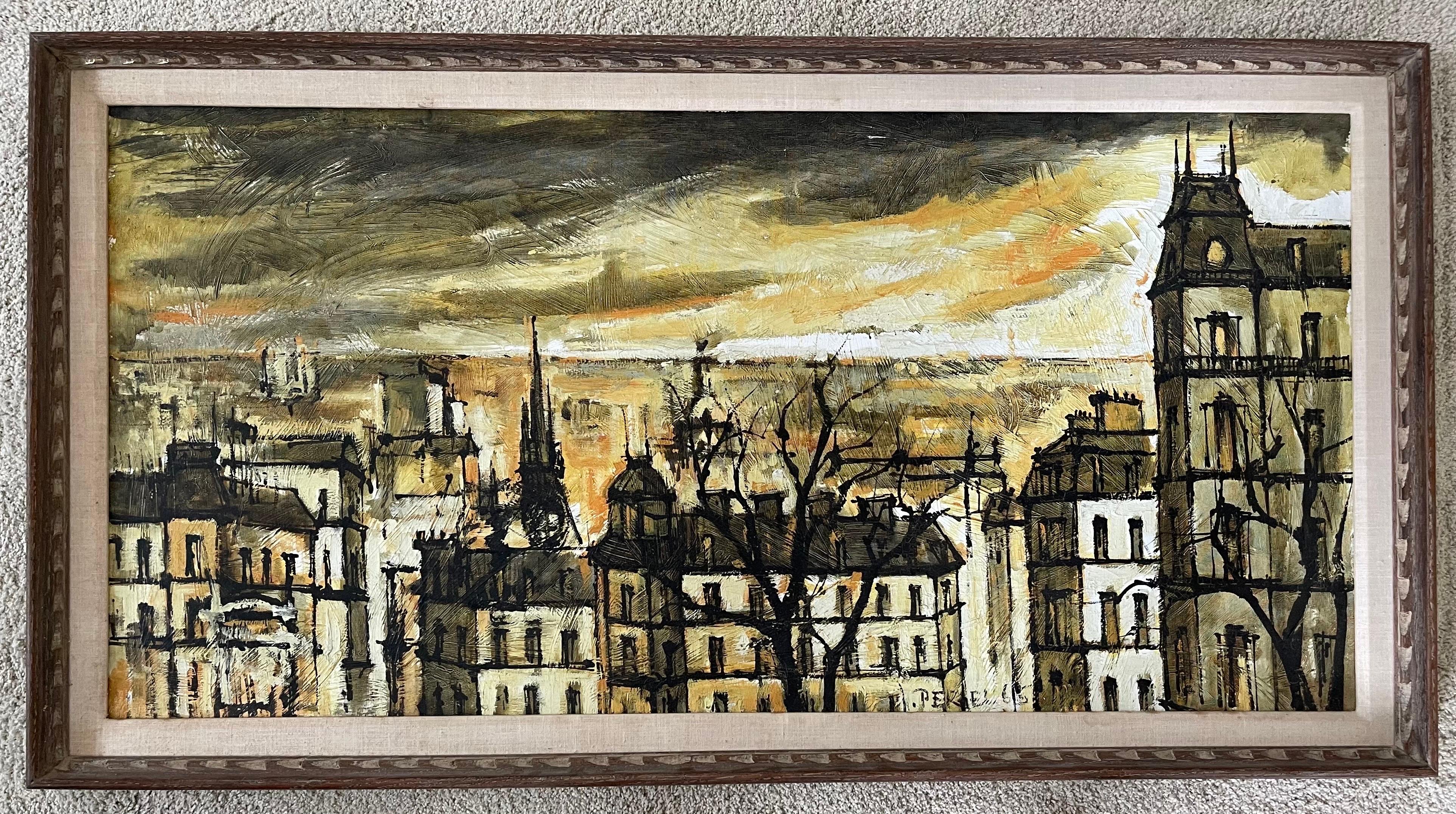 20ième siècle Grande huile sur toile de style MCM - Paysage urbain parisien - Peinture d'origine de Jacques Pergel en vente