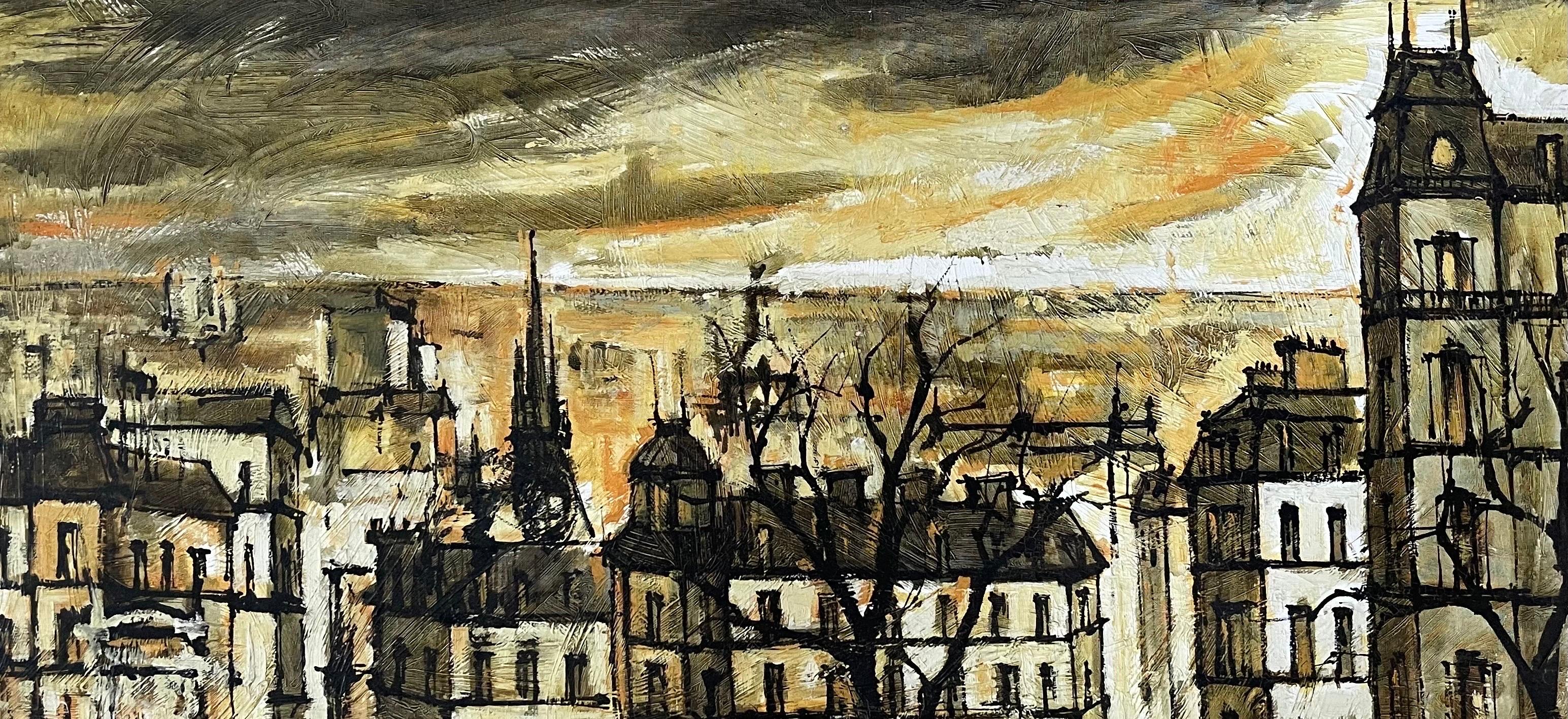 Toile Grande huile sur toile de style MCM - Paysage urbain parisien - Peinture d'origine de Jacques Pergel en vente