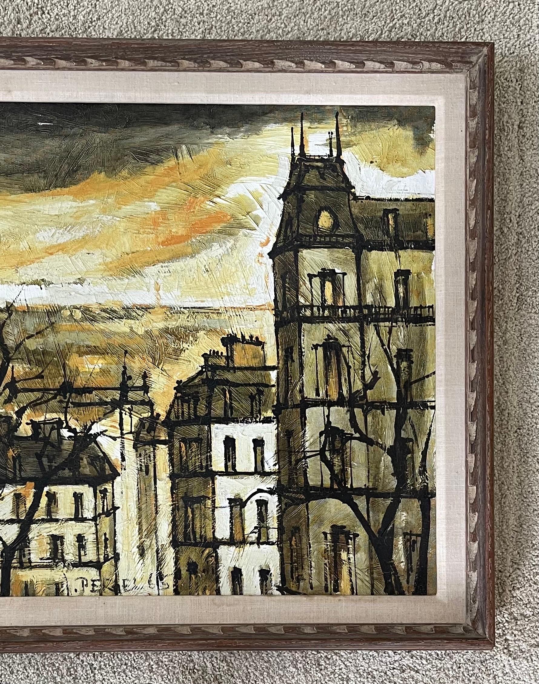 Grande huile sur toile de style MCM - Paysage urbain parisien - Peinture d'origine de Jacques Pergel en vente 1