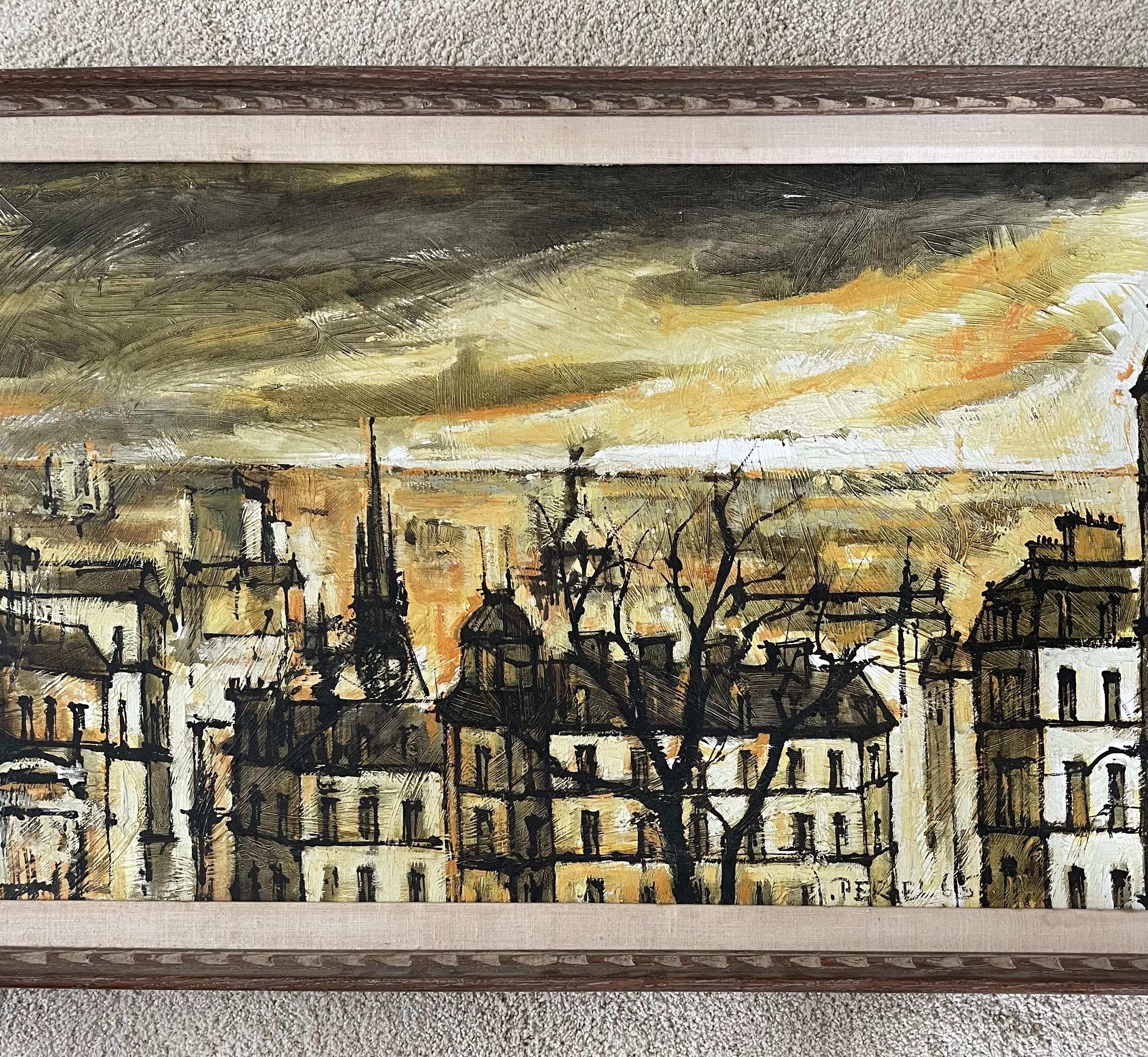 Grande huile sur toile de style MCM - Paysage urbain parisien - Peinture d'origine de Jacques Pergel en vente 2