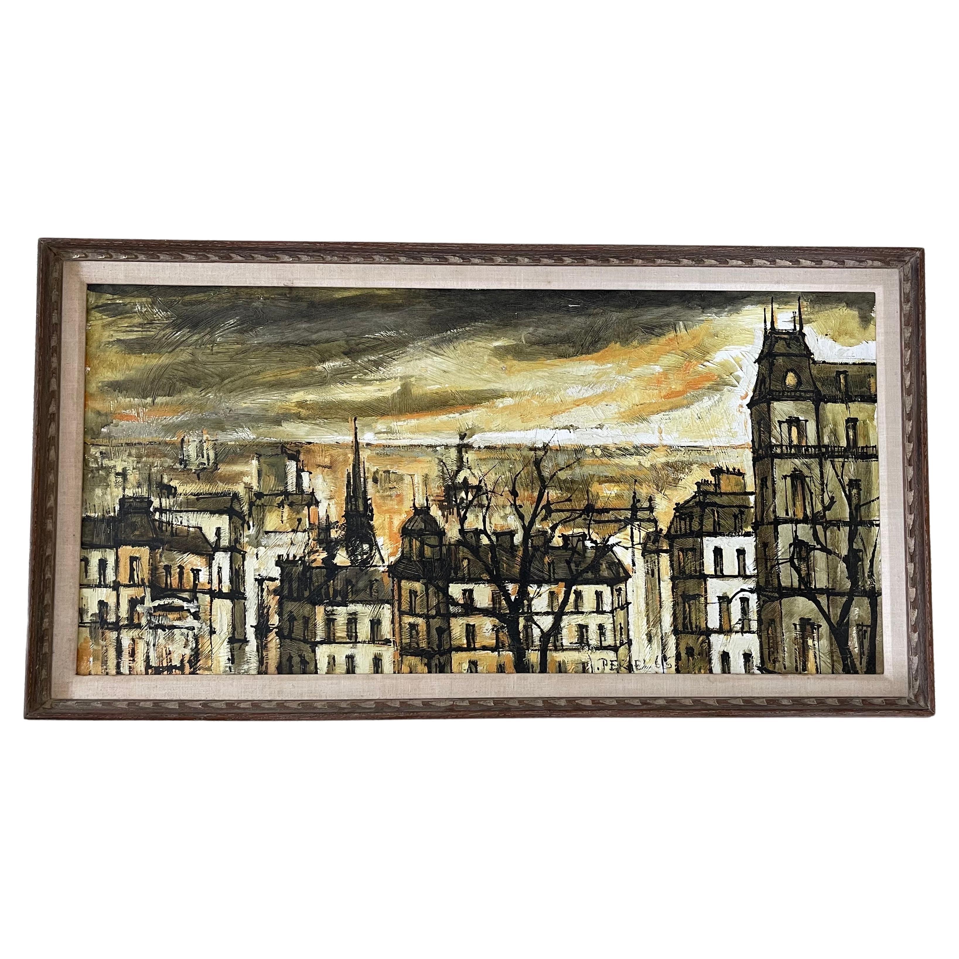 Large MCM Oil on Canvas Parisian Cityscape Original Painting by Jacques Pergel