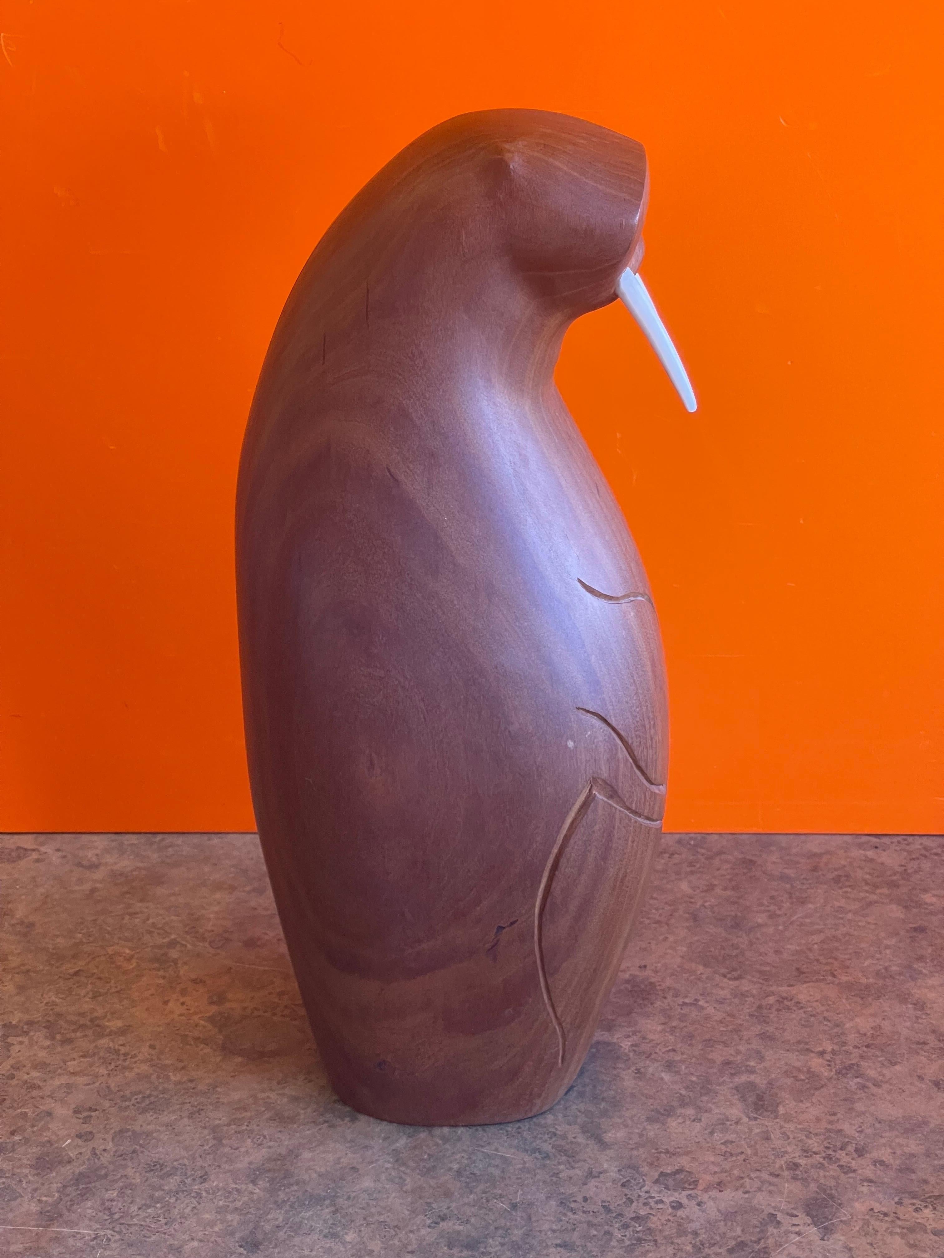 Large Mcm Walrus Carving / Sculpture in Teak by Isaac Koyuk In Good Condition In San Diego, CA
