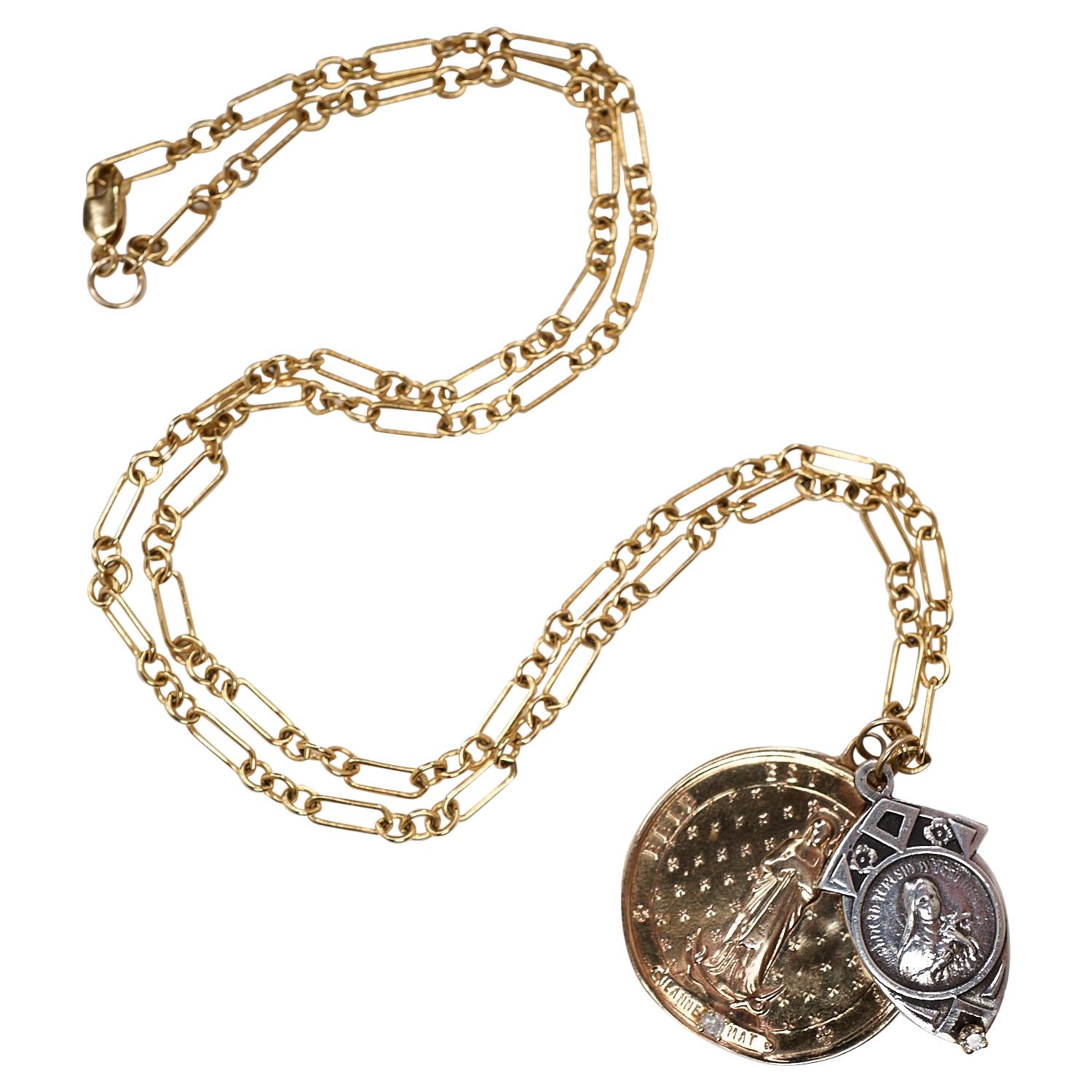White Diamond Virgin Mary Necklace Chunky Chain Pendant J Dauphin

Two White Diamond Set in Prongs on a Bronze Medal Coin Pendant and a Silver Virgin Mary Medal Hanging on a Chunky Chain Gold Filled Necklace,  28
