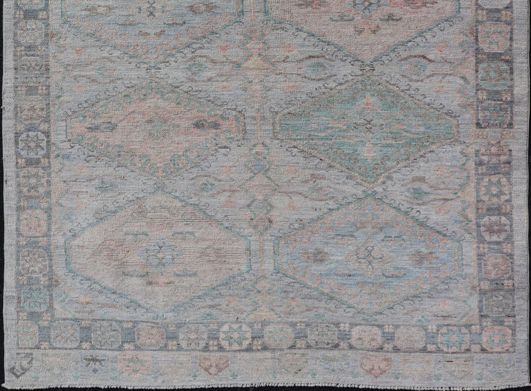 Wool Large Medallion Design Modern Oushak on a Light Blue Field With Multi Colors  For Sale
