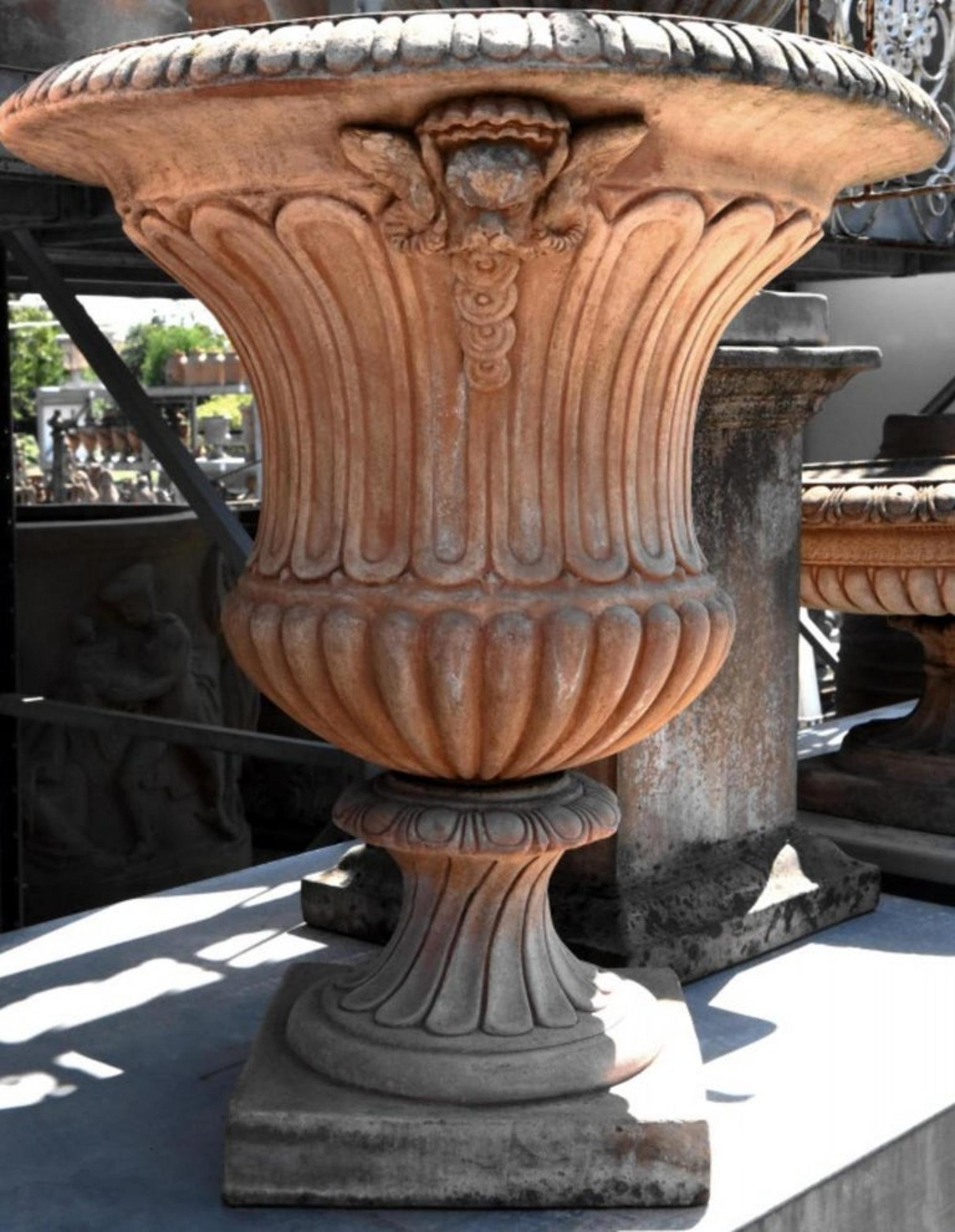 Große Mediceo-Vase Baccellato-Terrakotta-Kelch, frühes 20. Jahrhundert
Maße: Höhe 80 cm
Durchmesser 72 cm
Gewicht 30 kg
MATERIAL Terrakotta.