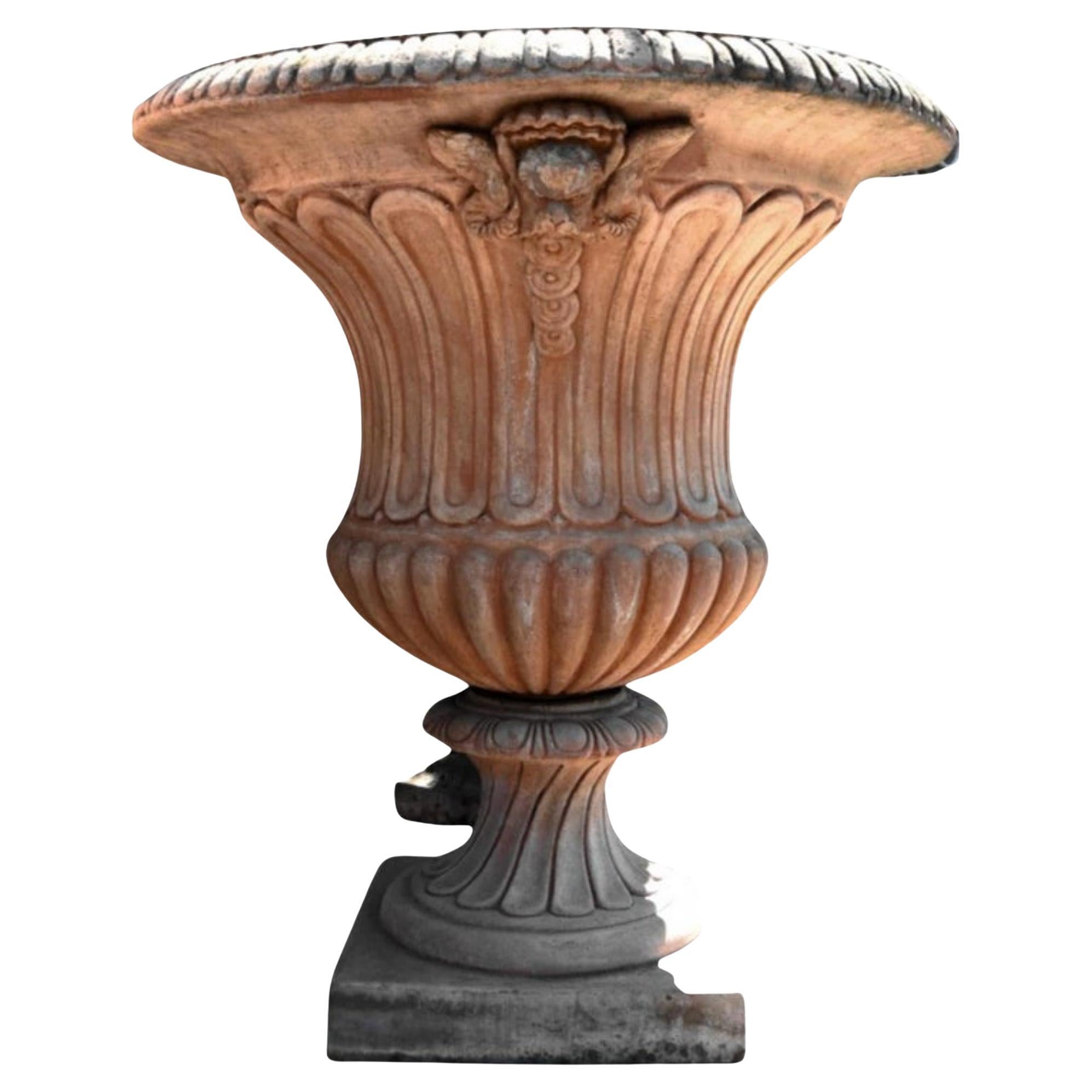 Large Mediceo Vase Baccellato Terracotta Goblet, Early 20th Century For Sale