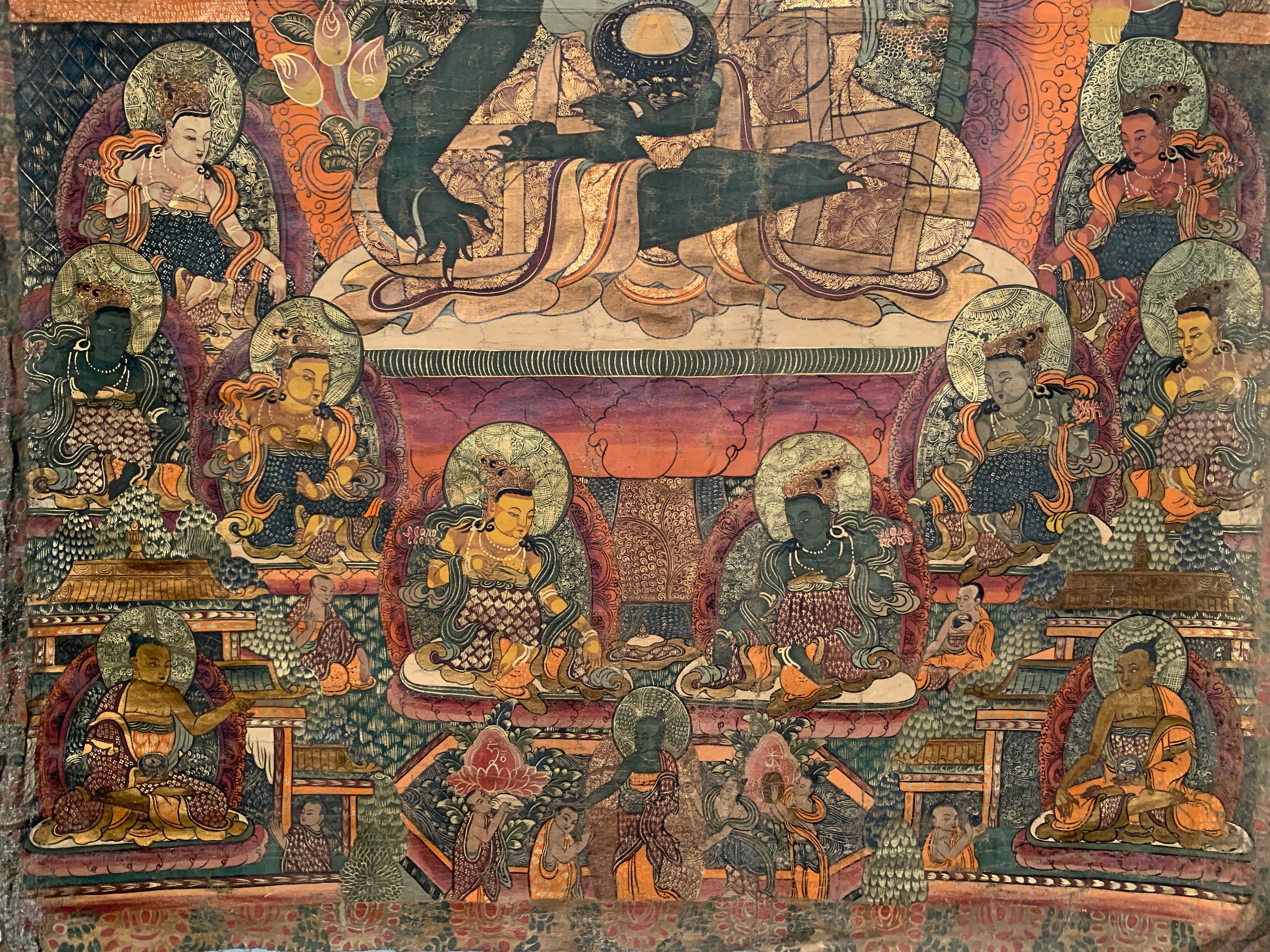 Hand-Painted Large Medicine Buddha Thangka, Dharamshala School, India, Mid-20th Century