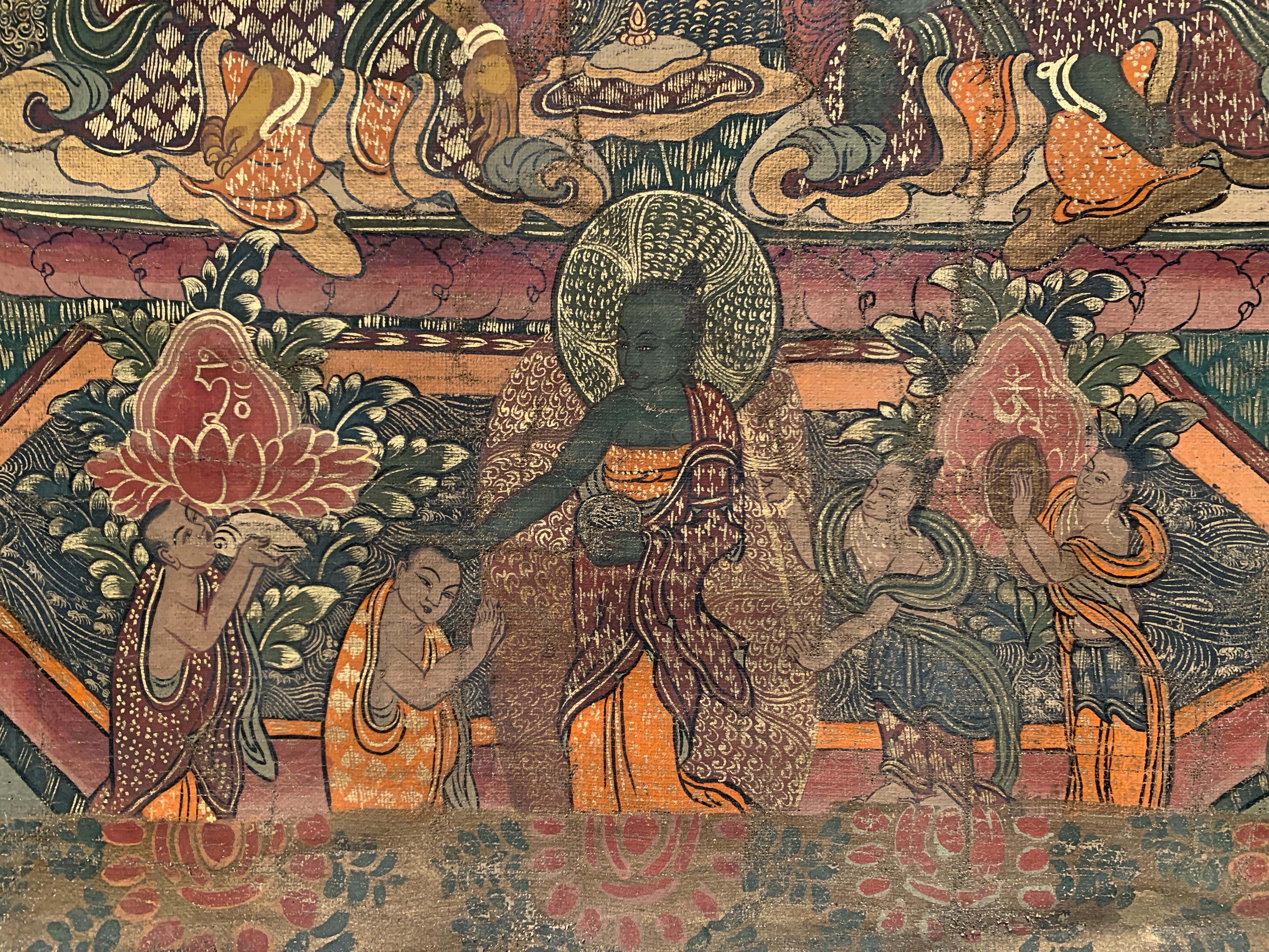 Large Medicine Buddha Thangka, Dharamshala School, India, Mid-20th Century In Fair Condition In Austin, TX