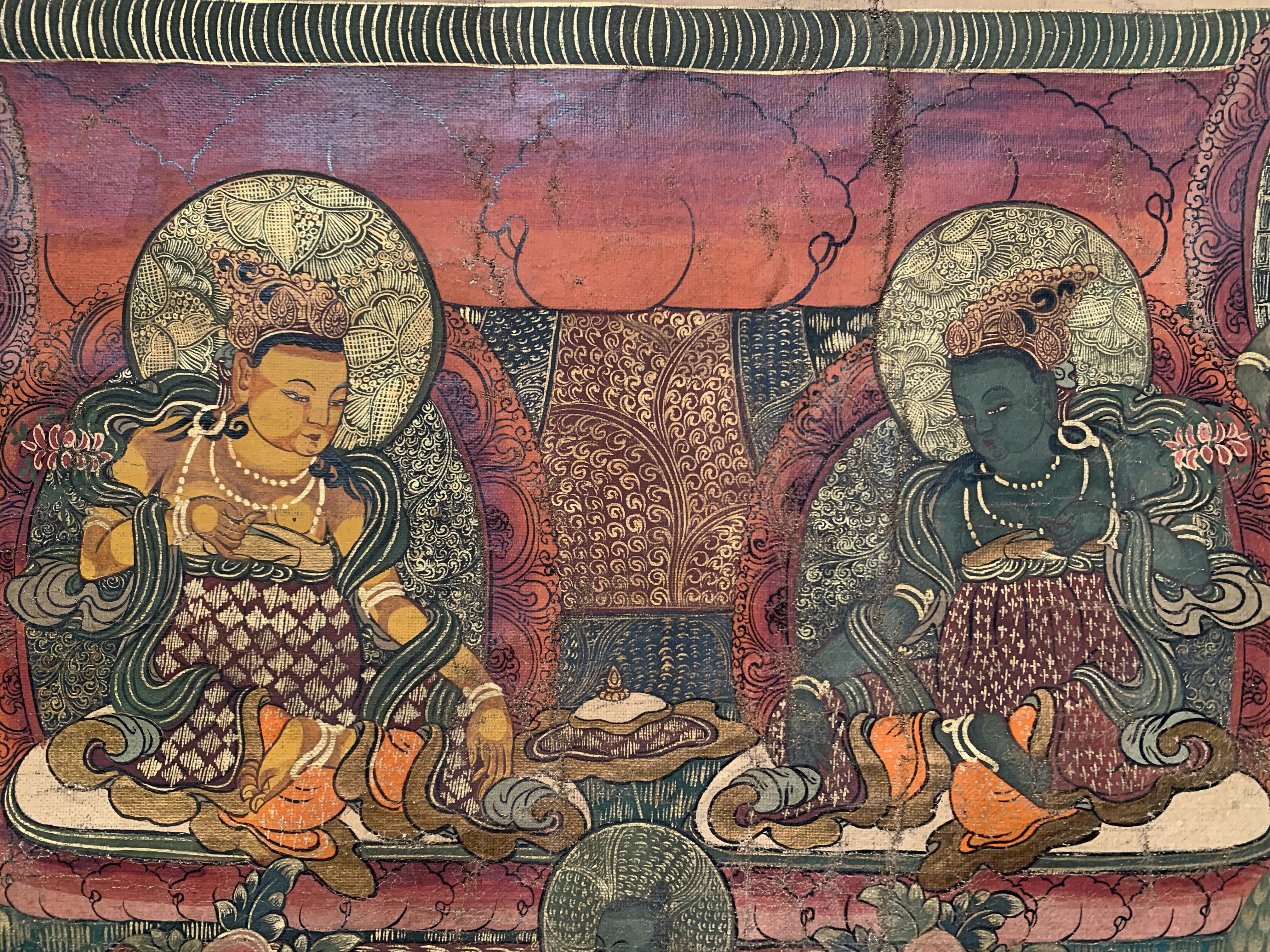 Canvas Large Medicine Buddha Thangka, Dharamshala School, India, Mid-20th Century