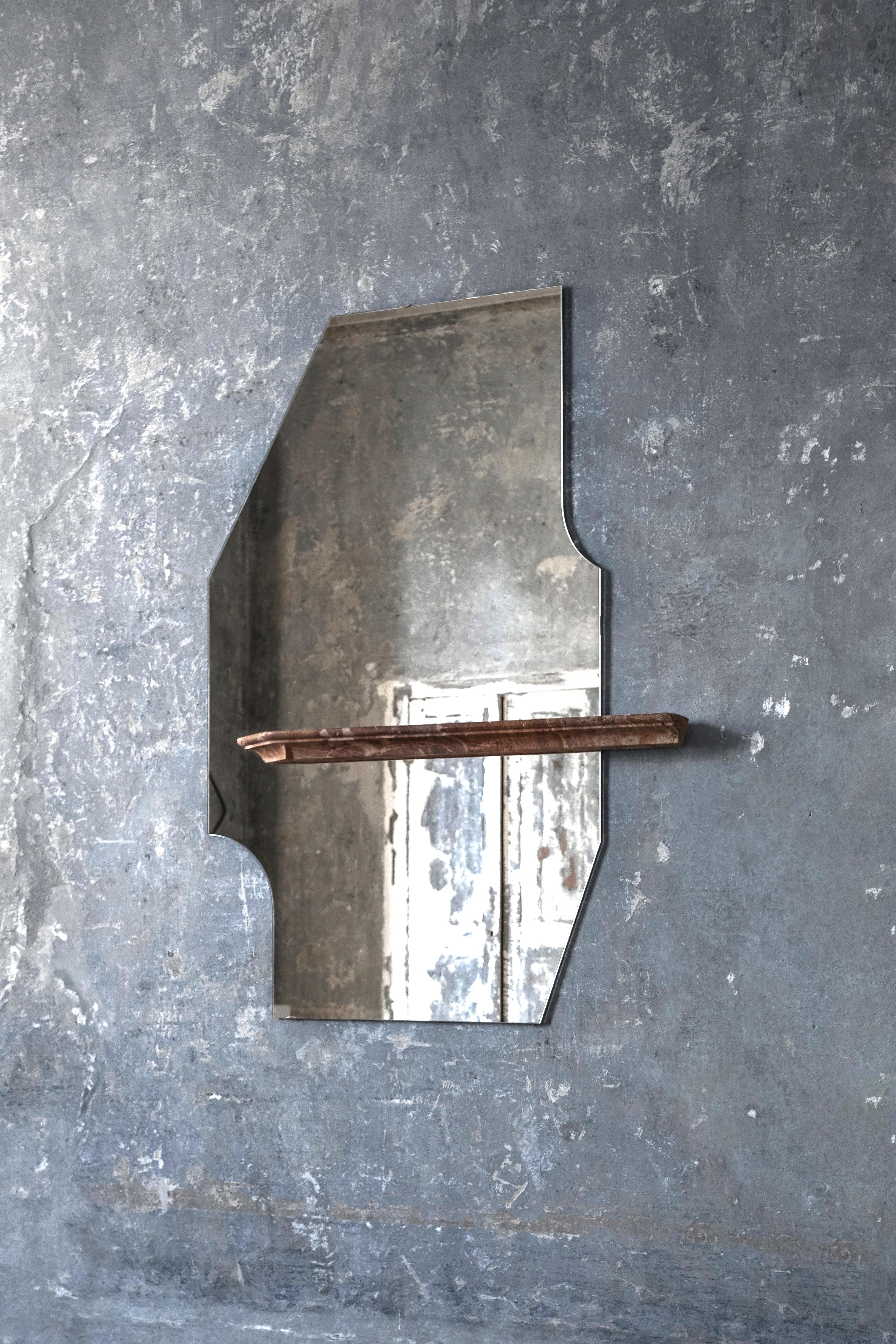 Modern Unique Form Large Brown Marble and Silver Mirror by Frederic Saulou For Sale
