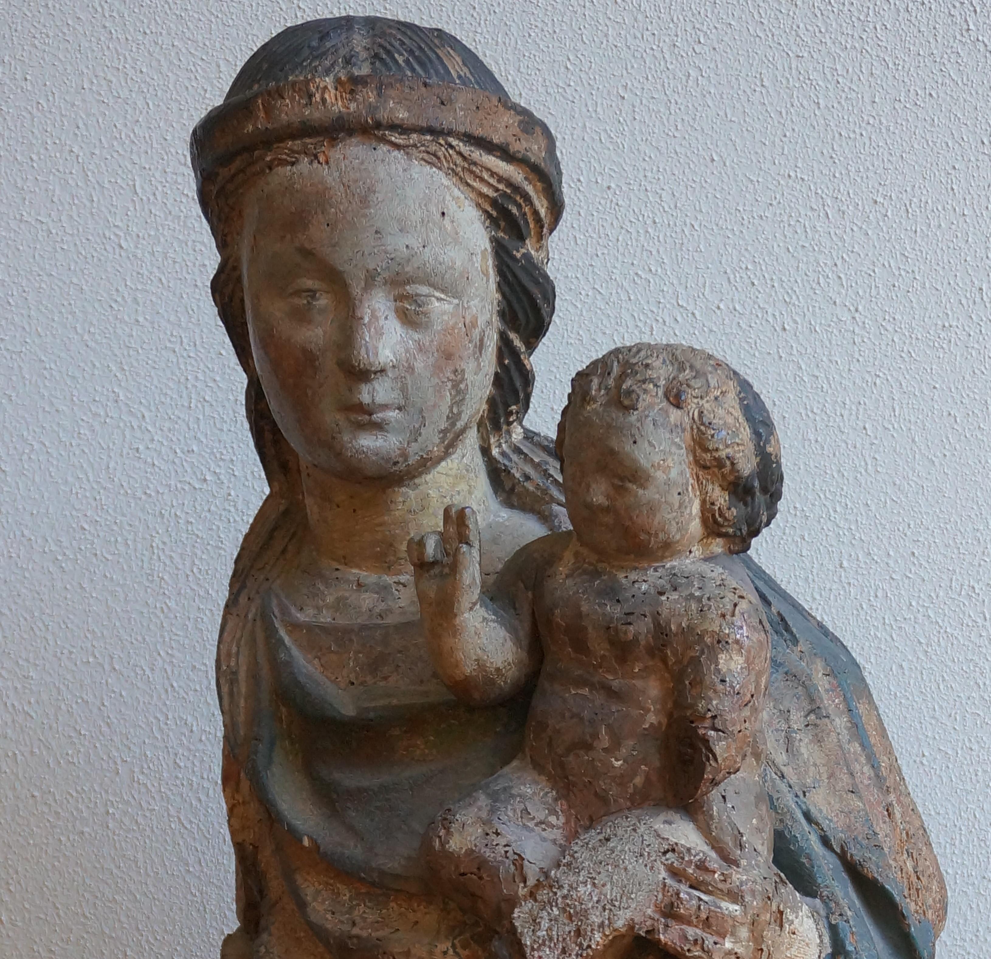 Wood Large medieval sculpture of the Virgin Mary and Child, France, ca. 1400, Gothic