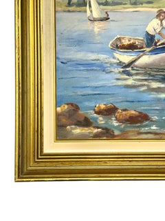 Large Mediterranean Coastal Scene with Boats by F. Borelly